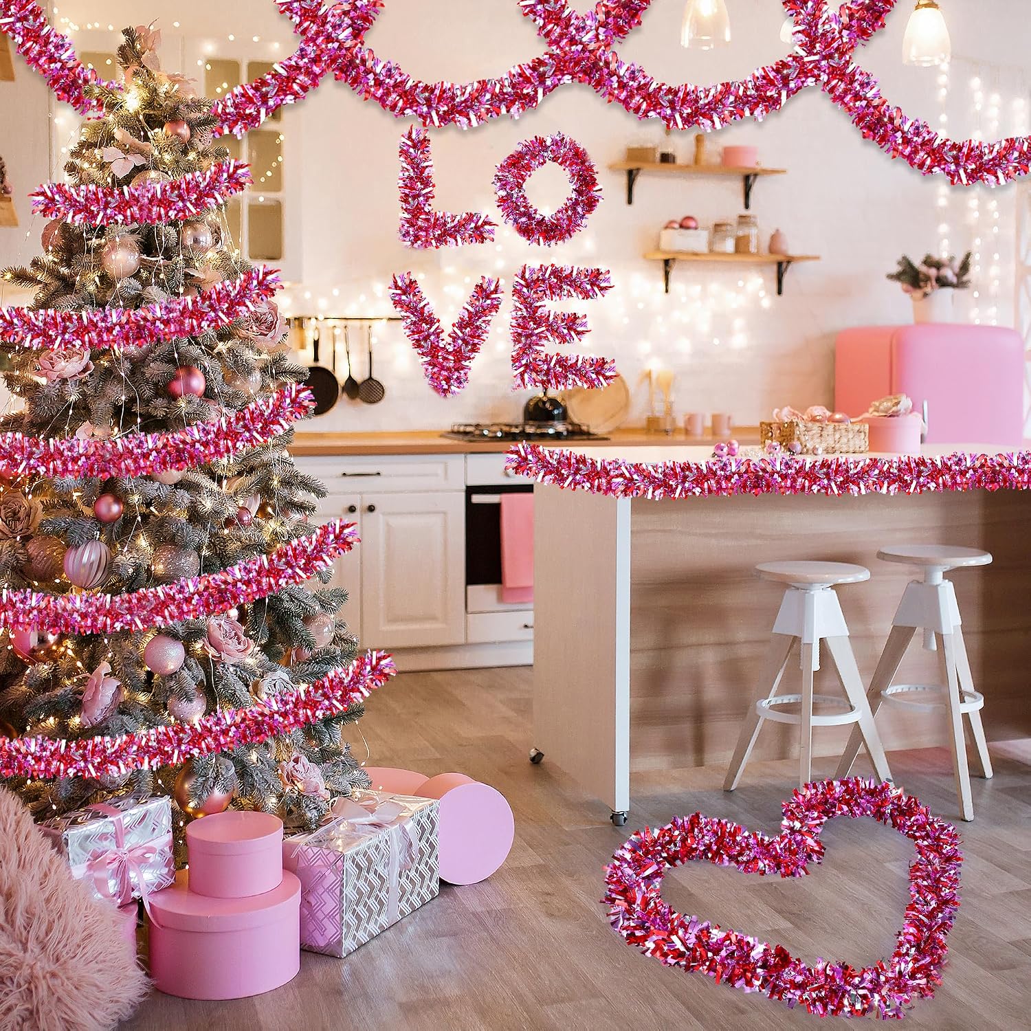50Ft Valentine's Day Decorations, Valentines Tinsel Garland Red Pink Silver Shiny Metallic Garland for Home Tree Mantel Fireplace Stairs Outdoor Indoor Galentine's Day Decorations
