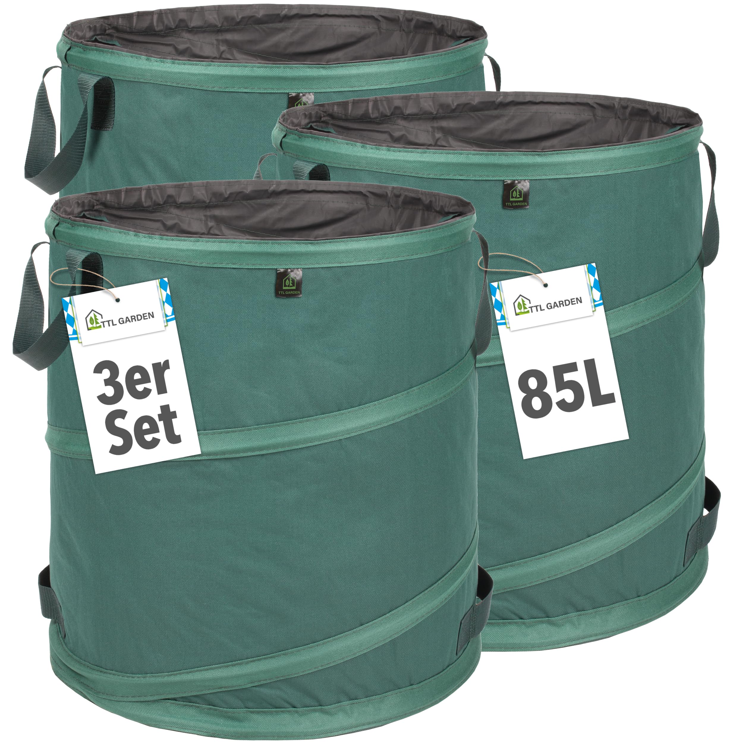 TTL GARDEN 3x 85L Premium Pop Up Gartensack - 220gsm 600D Oxford Gewebe selbstaufstellend extra robust & wasserfest - 3er Set 85 Liter – Gartenabfallsack Laubsack Sack für Gartenschnitt faltbar