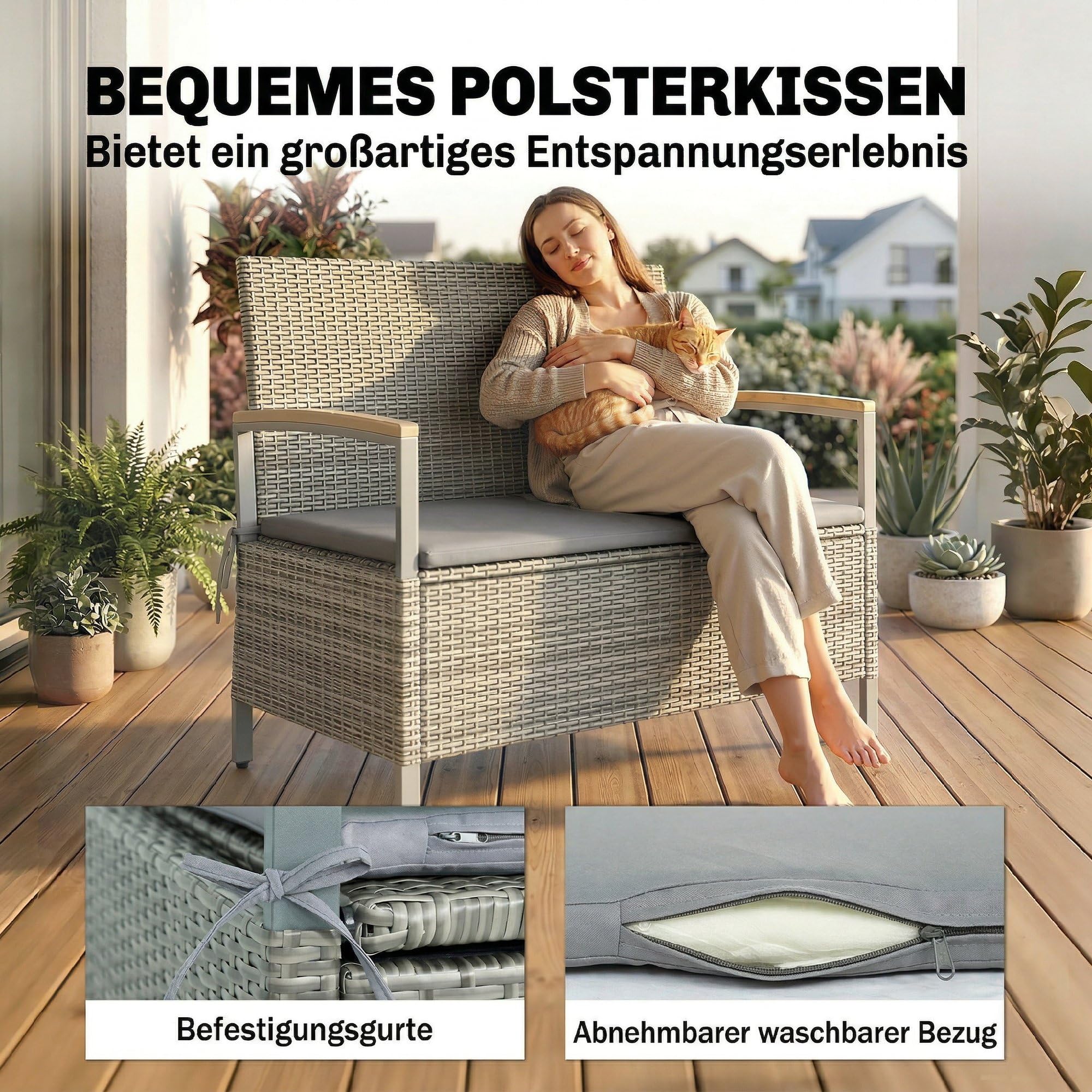 Outsunny Gartenbank Polyrattan 170L 2-Sitzer Sitzbank mit Stauraum abnehmbar Kissen Reißverschluss-Innenauskleidung Akazienholz-Armlehnen, Wetterfest Truhenbank für Werkzeuge Sitzkissen Hellgrau