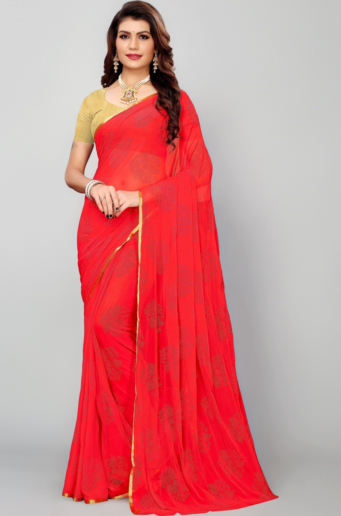 AKHILAM Women's Chiffon Woven Border Saree with Unstitched Blouse Piece