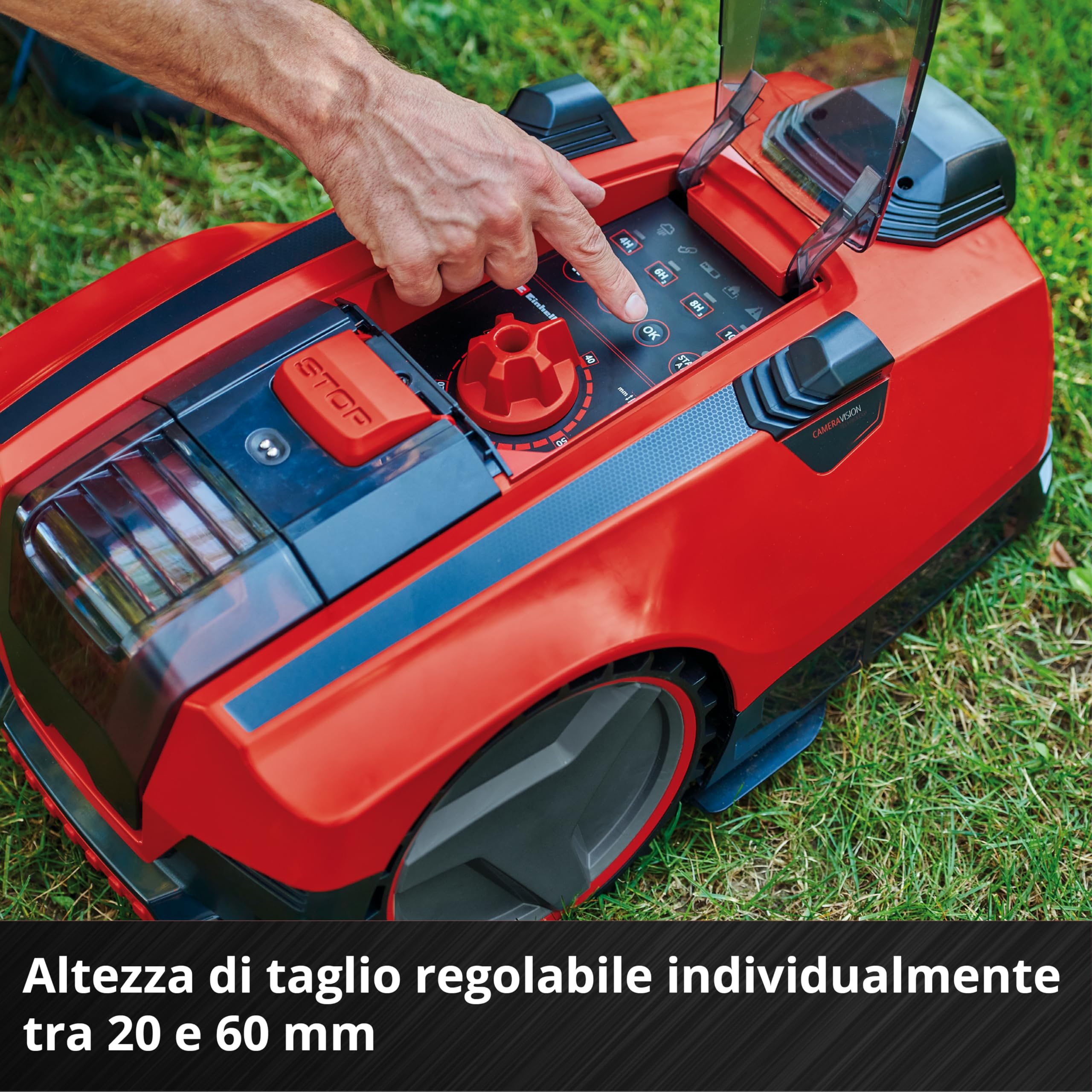 Einhell tosaerba FREELEXO CAM 500 Power X-Change (18 V, la telecamera sostituisce il cavo perimetrale, per 500 m², brushless, fino al 25% di pendenza, larghezza di taglio 18 cm, incl. batteria 3,0 Ah)