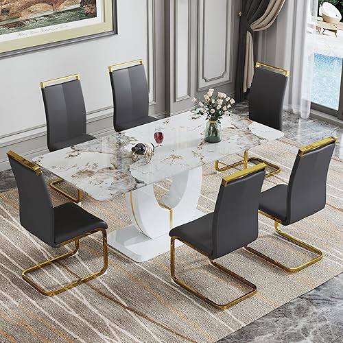 Miniatura 80 de JUFU Juego de mesa de comedor para 6 personas con sillas tapizadas de poliuretano, mesa y sillas de comedor de mármol sintético gris de 63 pulgadas,