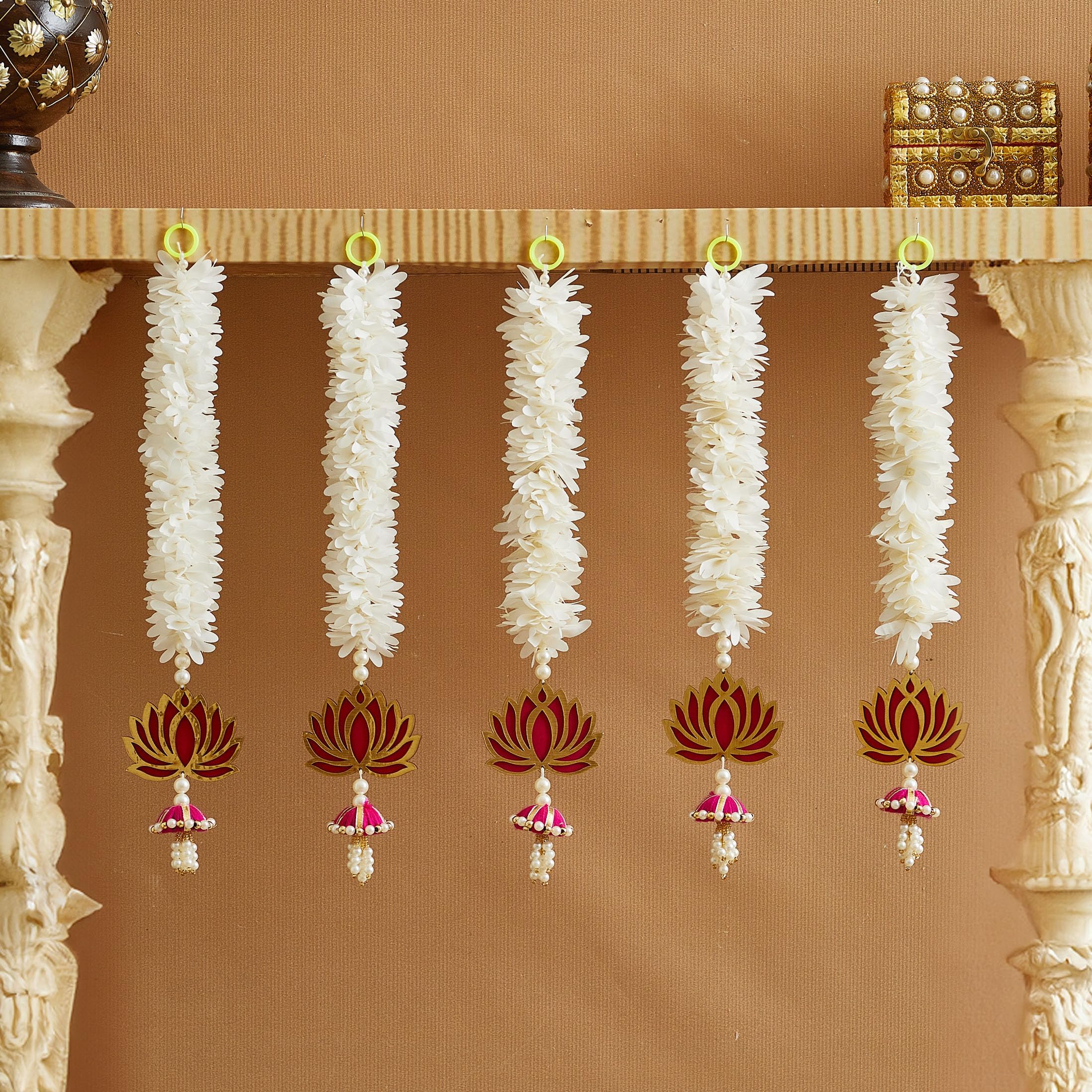 TIED RIBBONS 5 Pcs Indian Hanging Decorations | Plastic, 15.3 Inch | Lotus Wall Hanging for Backdrop Decorations, Ganesh Chaturthi Decoration, Diwali Decorations for Home