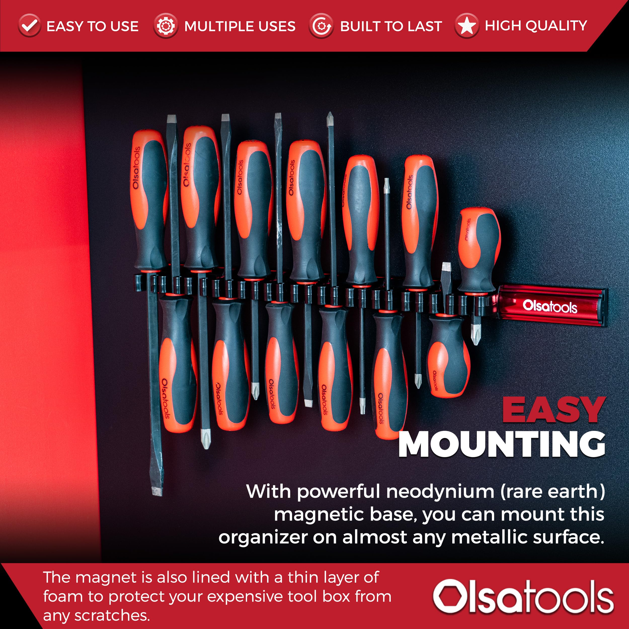 Olsa Tools Organizer magnetico per cacciaviti, di qualità professionale, adatto fino a 16 cacciaviti, rosso