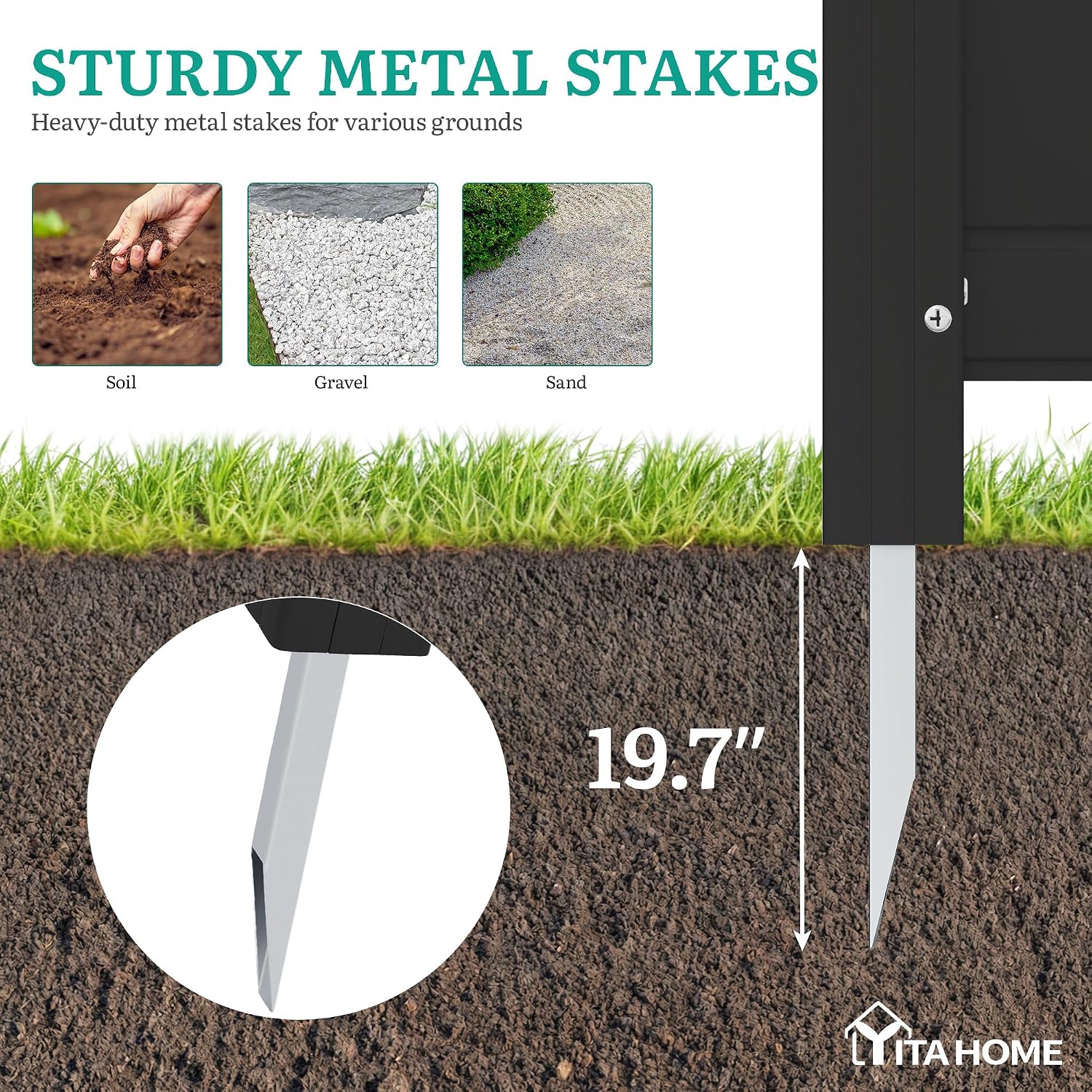 Image showing sturdy metal stakes for installation in soil, gravel, and sand, with a close-up of the stake design.