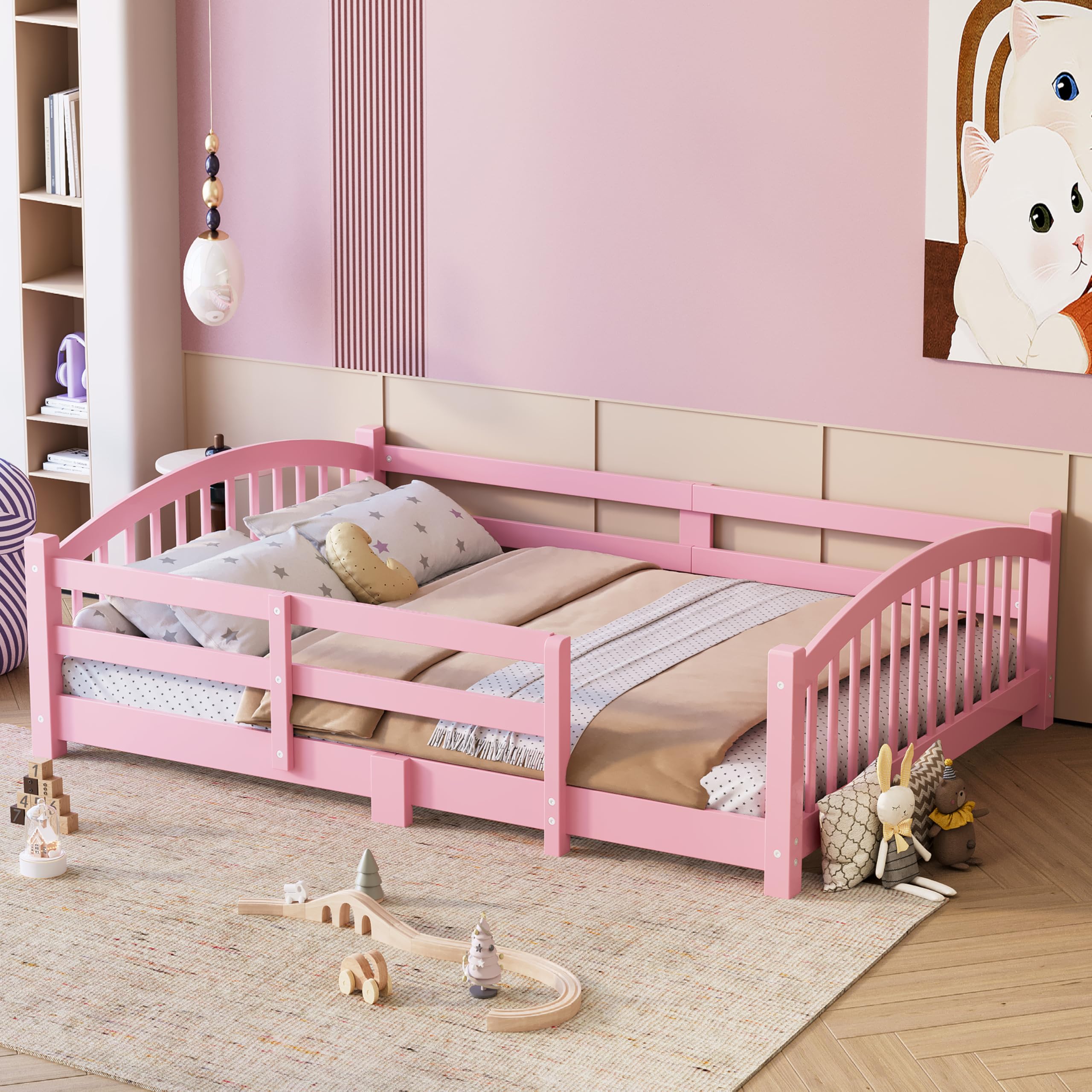 Bellemave Full Size Kids Montessori Floor Bed,Full Size Floor Bed Frame with Slats and Safety Guardrail,Solid Wood Montessori Bed for Girls Boys,Pink