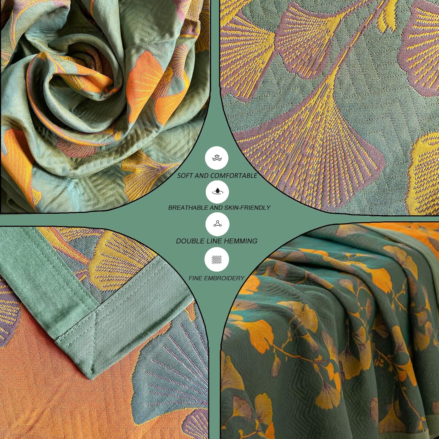 Reversible Ginkgo Quilt Lightweight Cotton Muslin Bedspread Soft Breathable Coverlet for All Season Queen Size Bedding Machine Washable Quilted Throw Blanket for Bed, Couch - Image 2