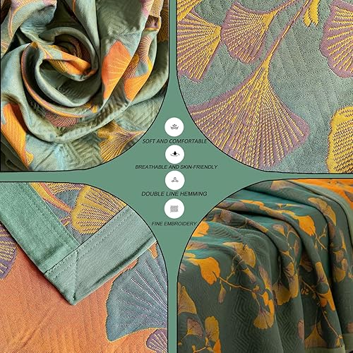 Miniatura 2 de Colcha de hojas de ginkgo tamaño Queen, color verde oscuro y naranja, reversible, de algodón, para todas las estaciones, manta ligera de muselina