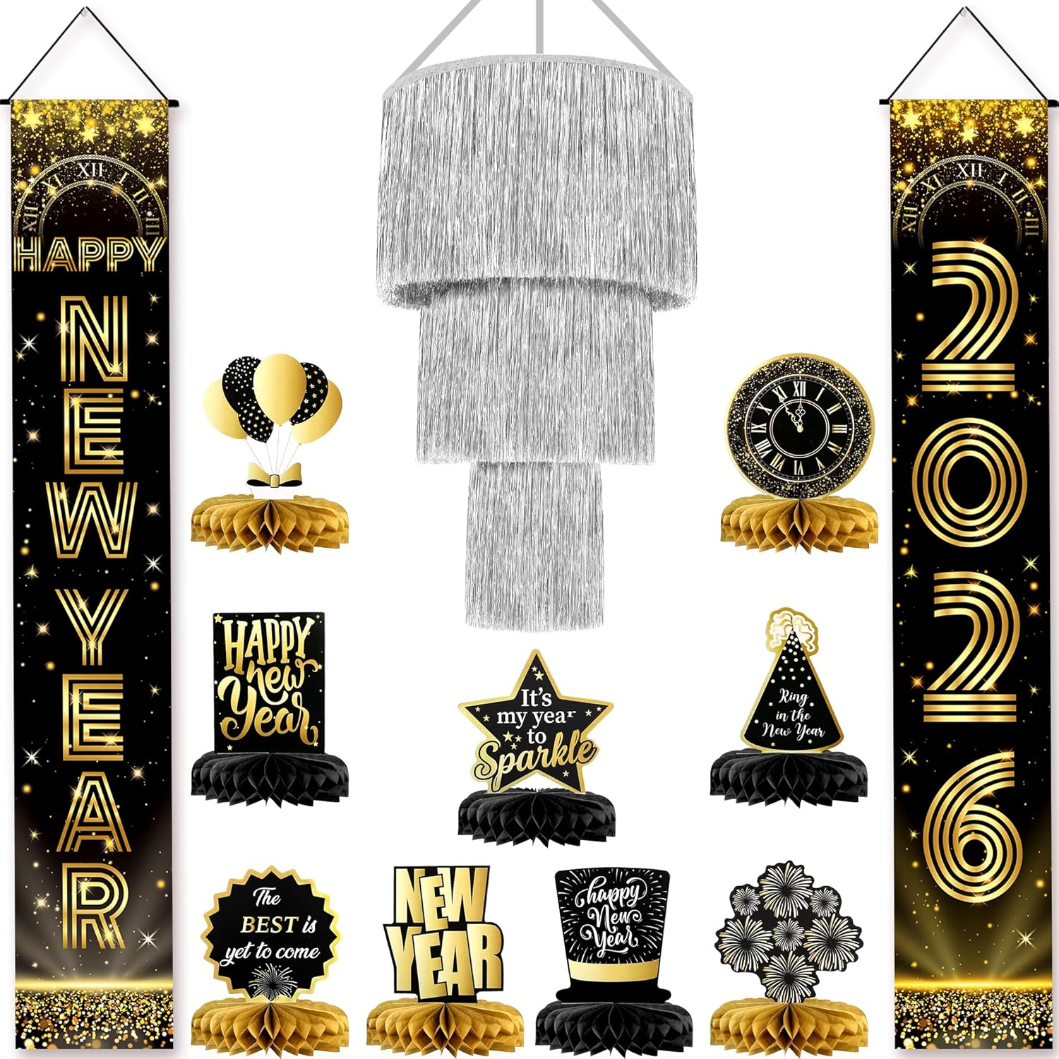 KatchOn, Pack of 3, Silver Tinsel Chandelier Party Decor | Silver Chandelier for New Years Eve Ceiling Decorations with Happy New Year Banner| New Years Decorations 2026 | New Years Eve Party Supplies