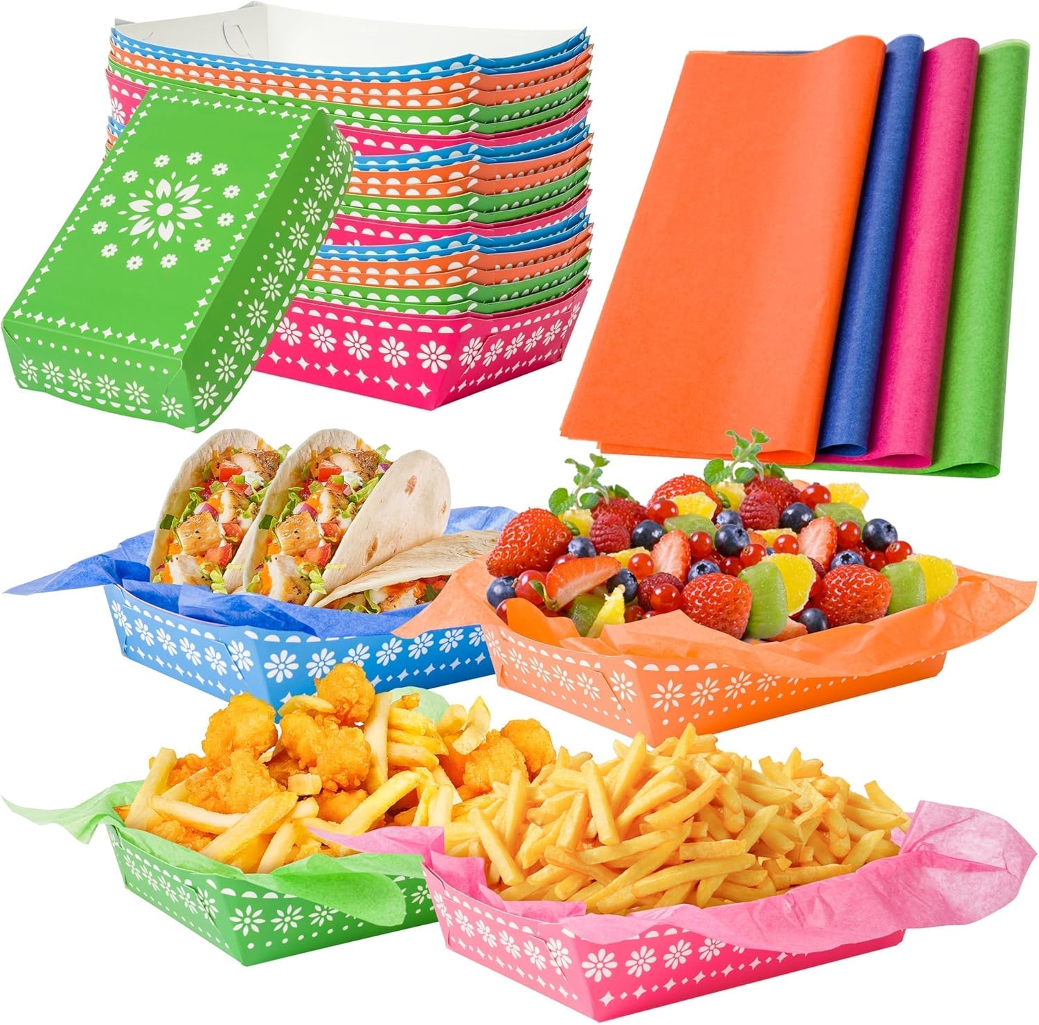 Cinco De Mayo Food Trays - 120P Mexican Taco Nights Fiesta Party Wax Paper Deli Trays Nacho Popcorn Grease Proof Container Unassembled Disposable Carnival Party Supplies Food Container