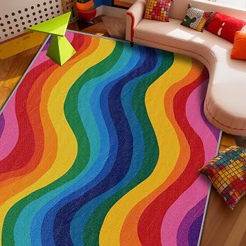 Rainbow Rug - 2x3 Area Rugs, Rainbow Gradient Wavy Art Entryway Rug, Multicolor Aesthetic Low Pile Fade Resistant Indoor Small Mats Home Decor #C131