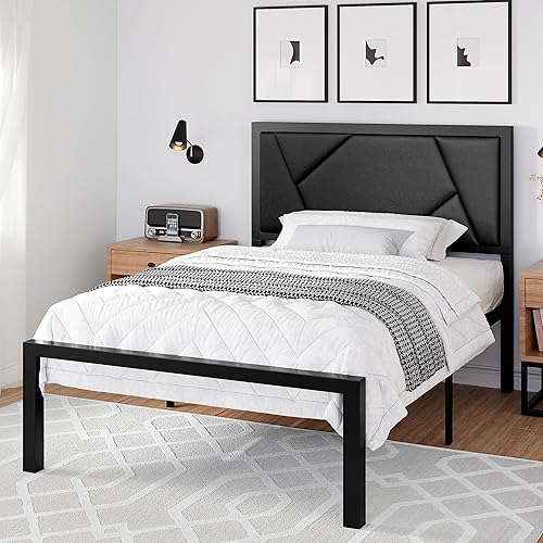 Miniatura 3 de Marco de cama de metal tamaño individual con cabecera tapizada, diseño geométrico de cuero de grano litchi, no necesita somier, color negro