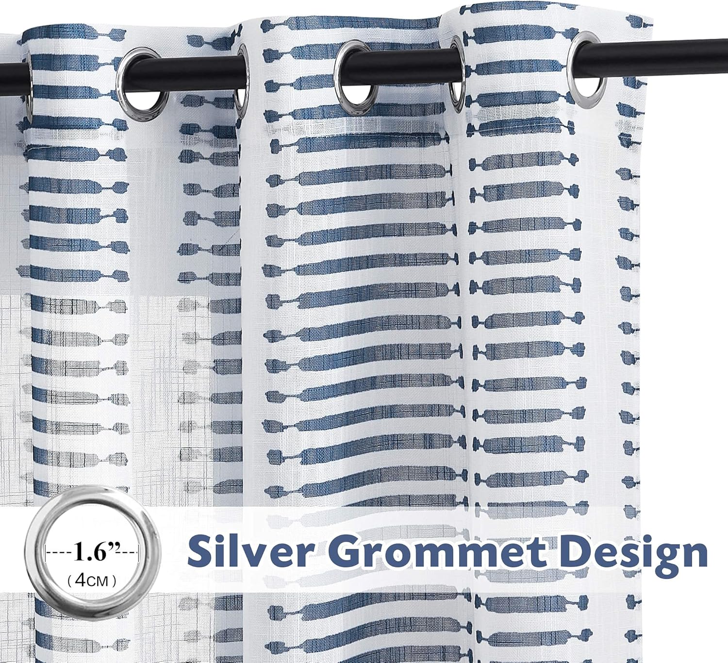 PONY DANCE Navy Blue Sheer Curtains - Semi Sheers Voile Window Curtains Natural Decor Faux Linen Textured with Slub Striped Pattern for Patio Living Room, 50 Wide x 84 Long, 2 PCs