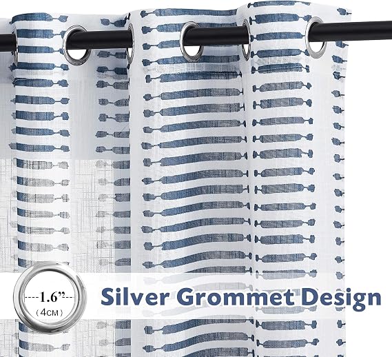 PONY DANCE Navy Blue Sheer Curtains, Semi-Sheer Voile Window Curtains for Bedroom, Natural Decor Faux Linen Slub Textured Striped Grommet Drapes for Patio Living Room, 2 Panels, 50 W x 84 L