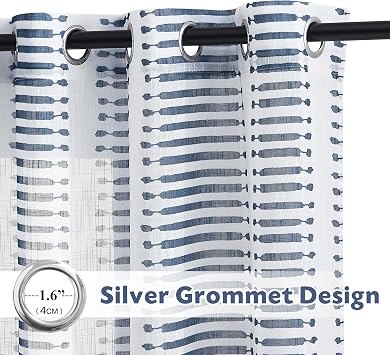 PONY DANCE Navy Blue Sheer Curtains, Semi-Sheer Voile Window Curtains for Bedroom, Natural Decor Faux Linen Slub Textured Striped Grommet Drapes for Patio Living Room, 2 Panels, 50 W x 84 L