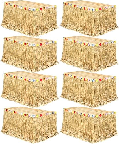Miniatura 15 de Fovths Paquete de 4 faldas de mesa de hierba Luau natural de 9 pies x 29.5 pulgadas, falda de mesa hawaiana para decoraciones tropicales hawaianas