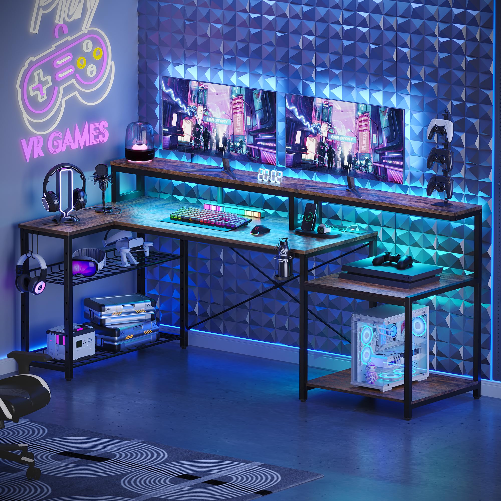 Bestier Gaming Tisch, 181x80 cm Schreibtisch mit LED-Leuchten, L-förmiger Schreibtische mit 3 AC-Steckdosen und 2 USB Ladeanschluss, Computertisch mit großzügiger Monitorablage, Kohlefaser