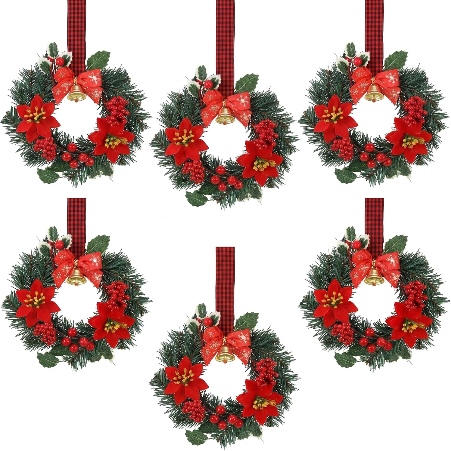 Zeyune 12 Pcs Small Christmas Wreaths for Kitchen Cabinets with Plaid Bow Ribbon Hanging Mini Christmas Cabinet Door Wreaths Decor for Kitchen Window Outdoor Indoor Holiday, 14.96 x 7.87''