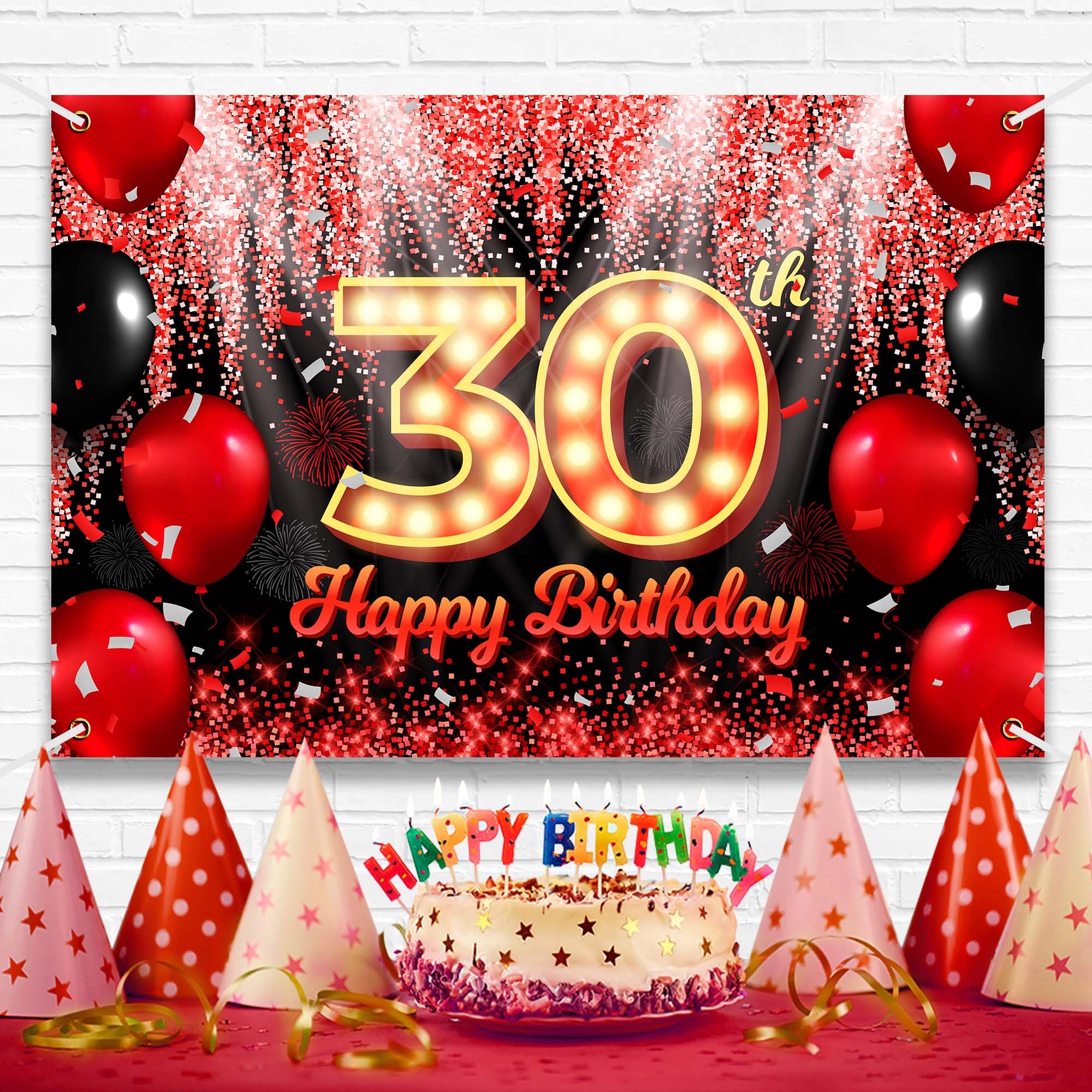 Pancarta de fondo de feliz 30 cumpleaños, fondo temático negro y rojo con neón brillante, fiesta de cumpleaños, fotografía, fondo para hombres y mujeres, celebración, 71 x 47.2 pulgadas BECKTEN