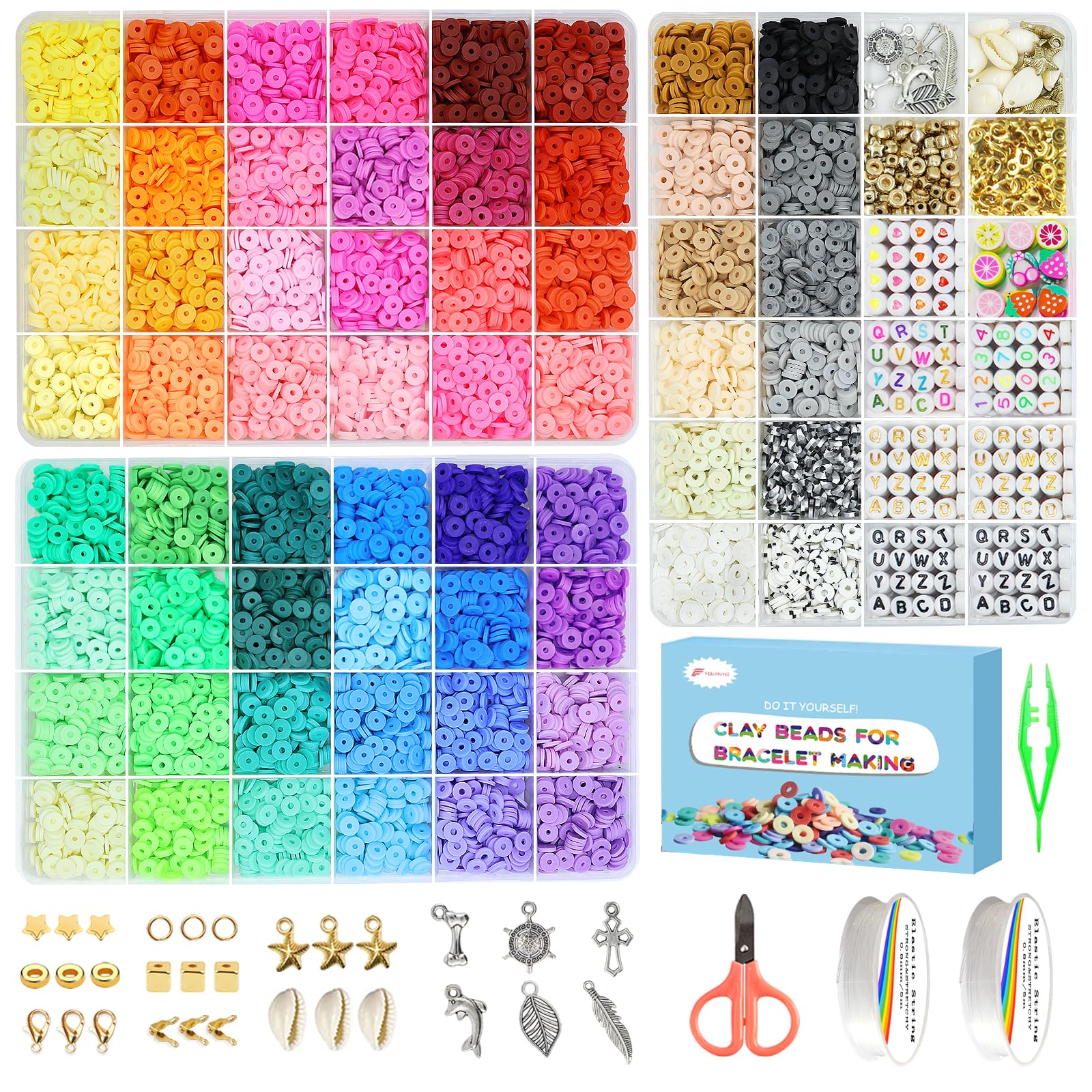 Fournine 10000 Pcs Clay Beads Bracelet Making Kit, 3 Boxes 60 Colours Polymer Clay Beads for Friendship Bracelet Jewellery Making Kit with Letter Bead and Charms, Crafts Gift for Teen Girls