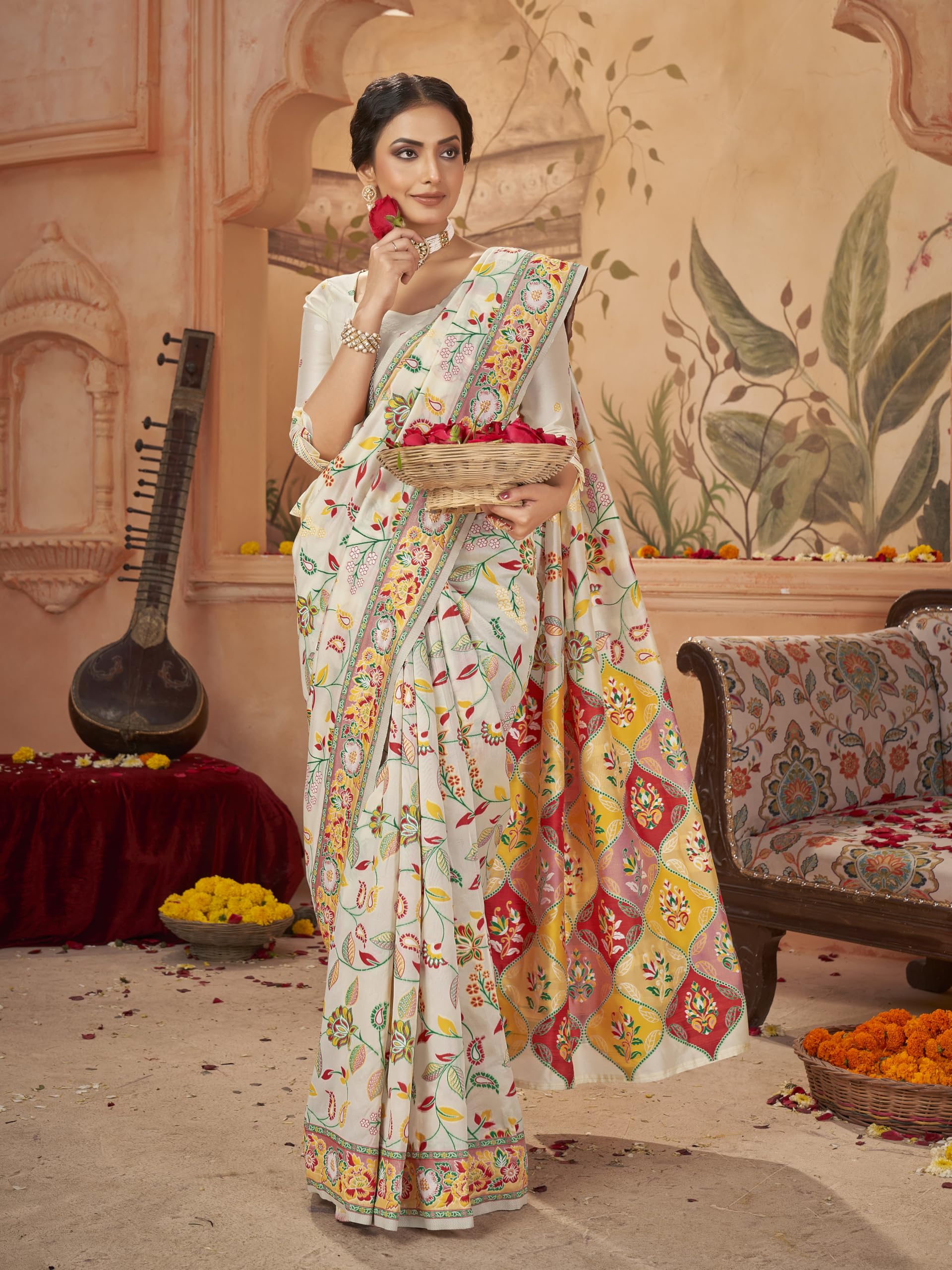 Glory Sarees Women's Kashmiri Pashmina Silk Woven Saree With Blouse Piece (Heritage_Silk112_White) 3