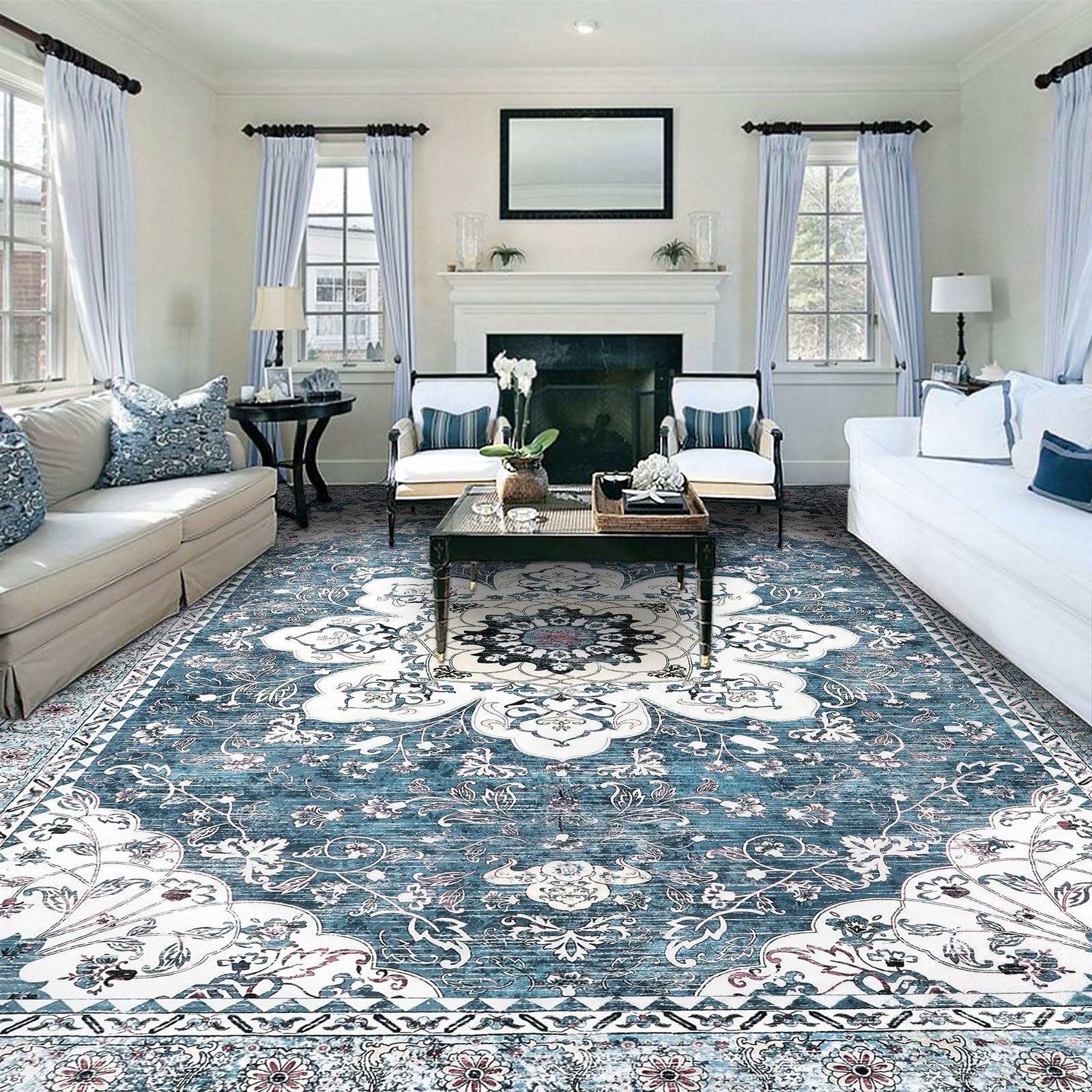 Ileading Bohemian Vintage Area Rug 6x9ft, Machine Washable Low-Pile Accent Carpet, Non-Shedding Non-Slip Living Room Floor Throw Rugs for Bedroom,Dining Room,Kids Playroom,Rv,Office(Teal)