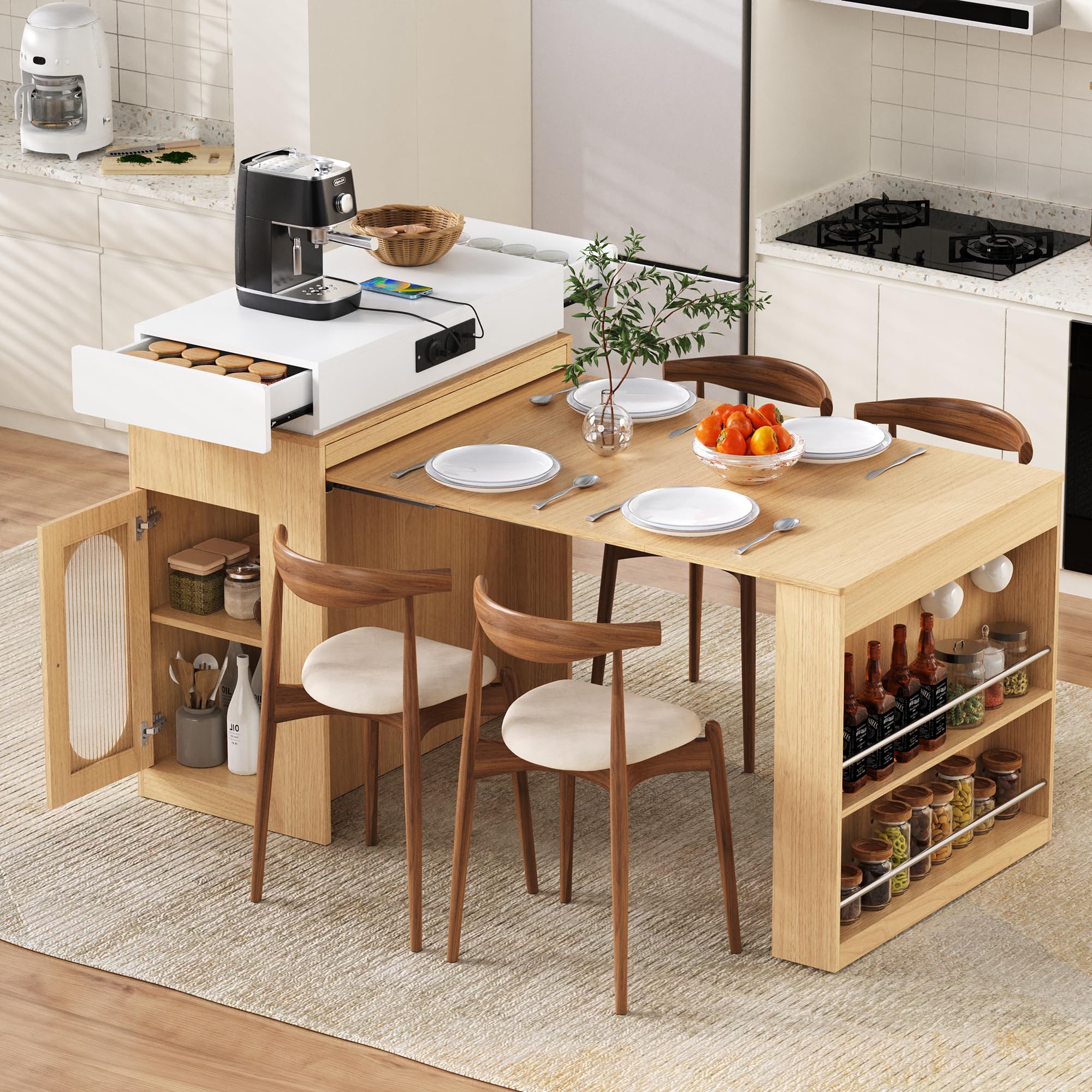 Îlot Central Cuisine avec Rangement, Table Extensible et Prises, Meuble Îlot de Cuisine avec Portes en Verre et Plan de Travail