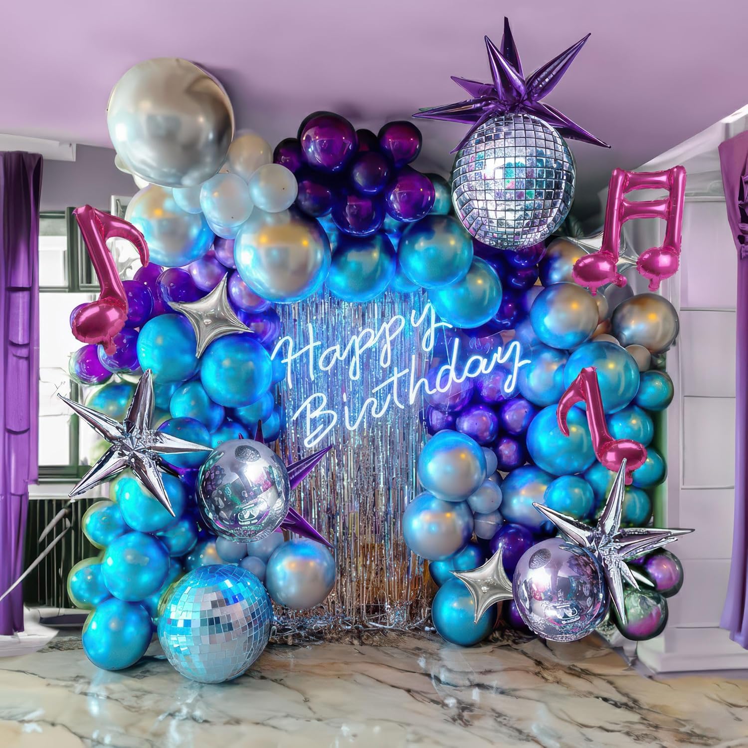 Chrome Purple and blue Disco Balloon garland Arch Kit 160pcs Metallic disco party with Star disco ball balloons for Galaxy k-pop music theme birthday 2025 new year graduation prom decorations