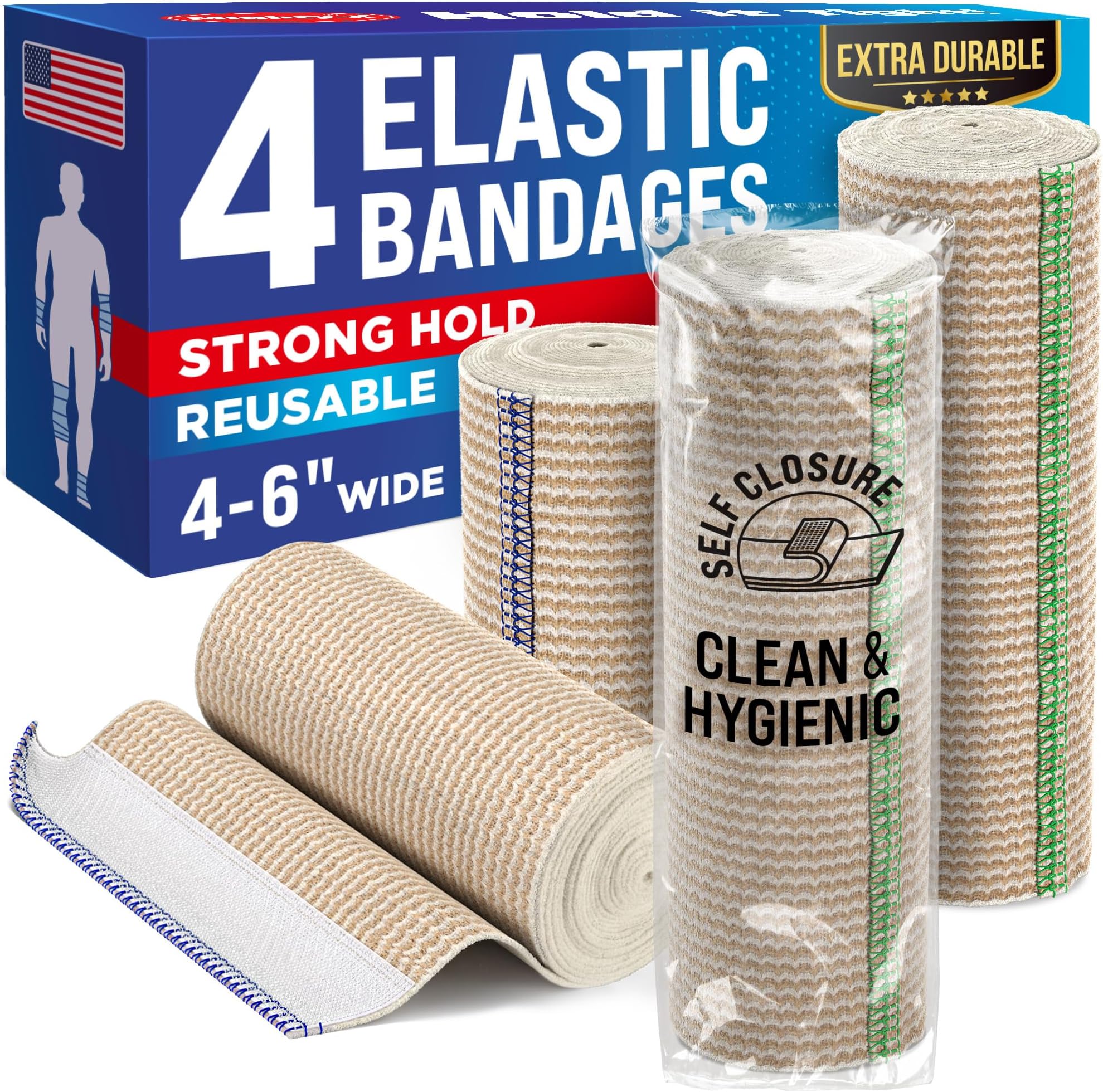 Premium Elastic Bandage Wrap – (Pack of 4) – 4” & 6” Self-Closing Compression Bandage Wrap