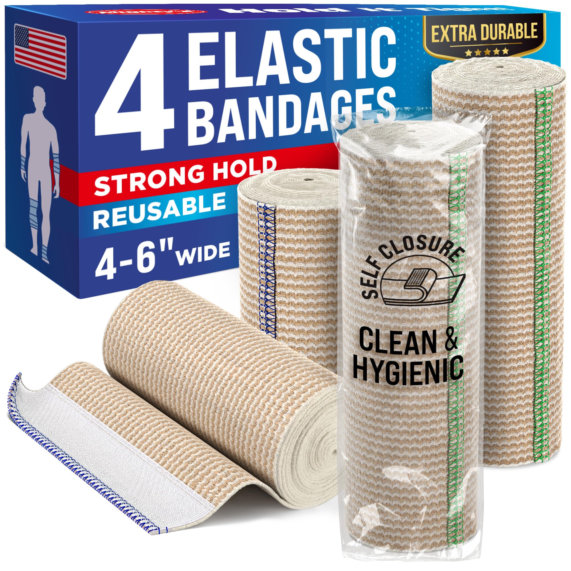Premium Compression Bandage - 4pk (2x10cm, 2x15cm) - Self-Closing Elastic Bandage Wrap - Washable and Reusable Wraps for Abdomen, Legs, Elbows, and Knees
