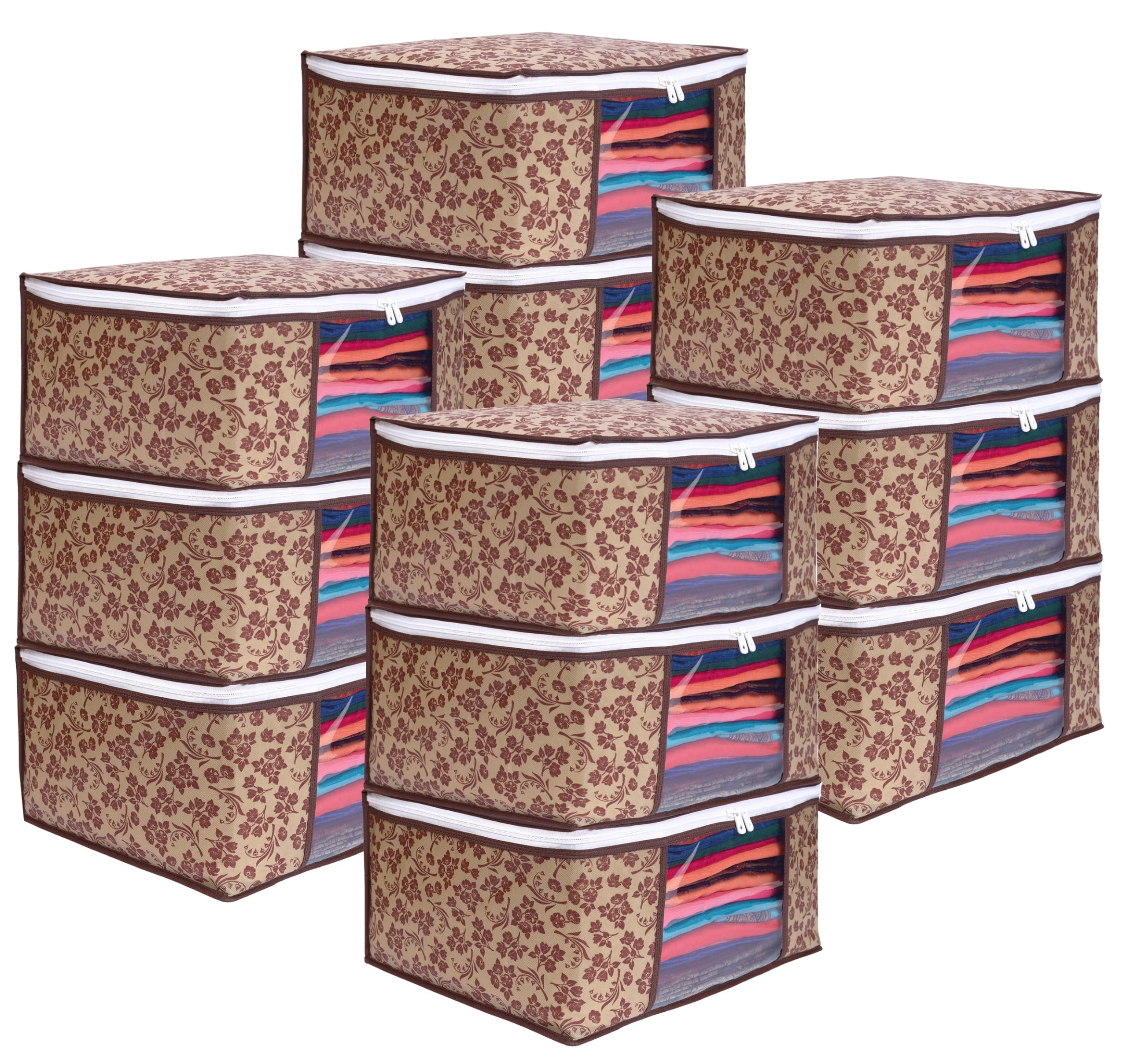 LAXIS® Saree Covers With Zip Non-Woven Printed Saree Cover/Saree Organizer For Wardrobe/Cloth Storage/Organizer With Transparent Window/Saree Bags Storage/Clothes (Brown- Pack of 12)