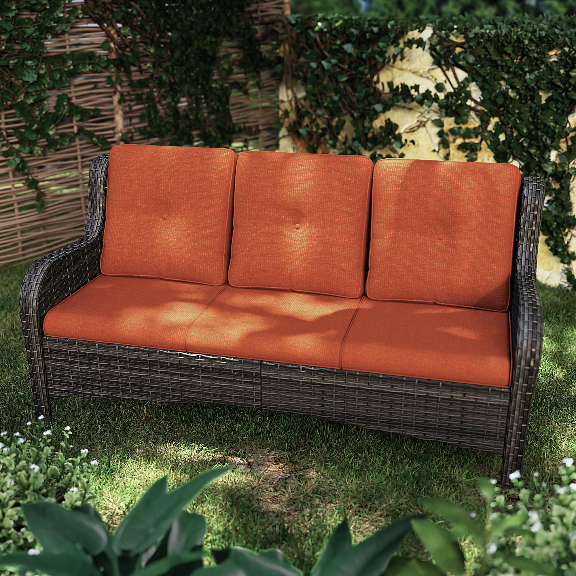 MeetLeisure 73'' Outdoor Patio Couch Wicker Sofa - 3 Seater Rattan Sofa for Outside Patio Garden with Deep Seating and Olefin Cushions(Mixed Grey/