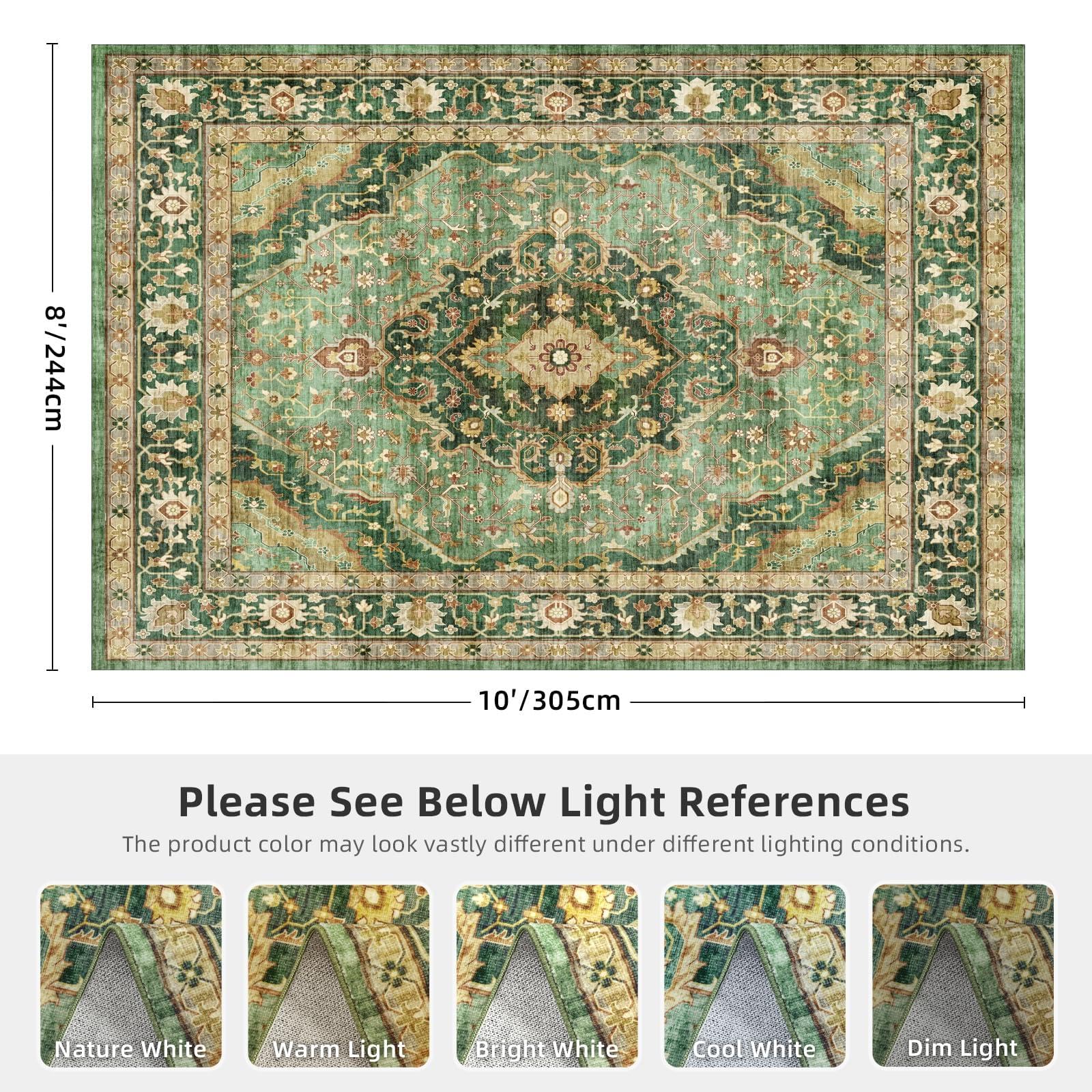 Grüner Teppich, Teppich für Wohnzimmer und Schlafzimmer, waschbarer orientalischer Teppich im Vintage-Stil, rutschfeste Teppiche, Teppich im Used-Look für Esszimmer (Bordüre), 120 x 170 cm