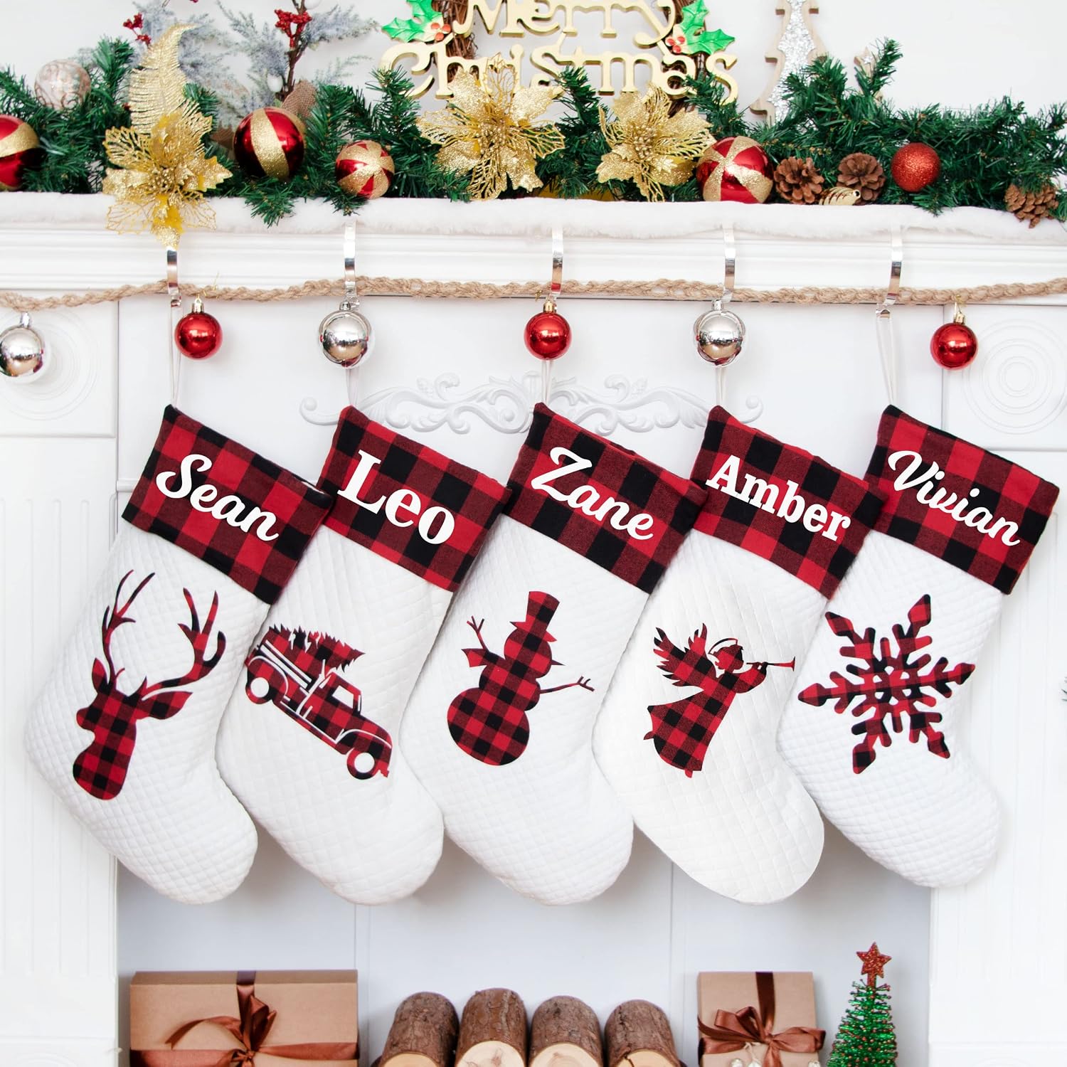 Personalized Christmas Stocking - 20 Inch Buffalo Plaid Stocking With Custom Name - Rustic Farmhouse Style - View #3