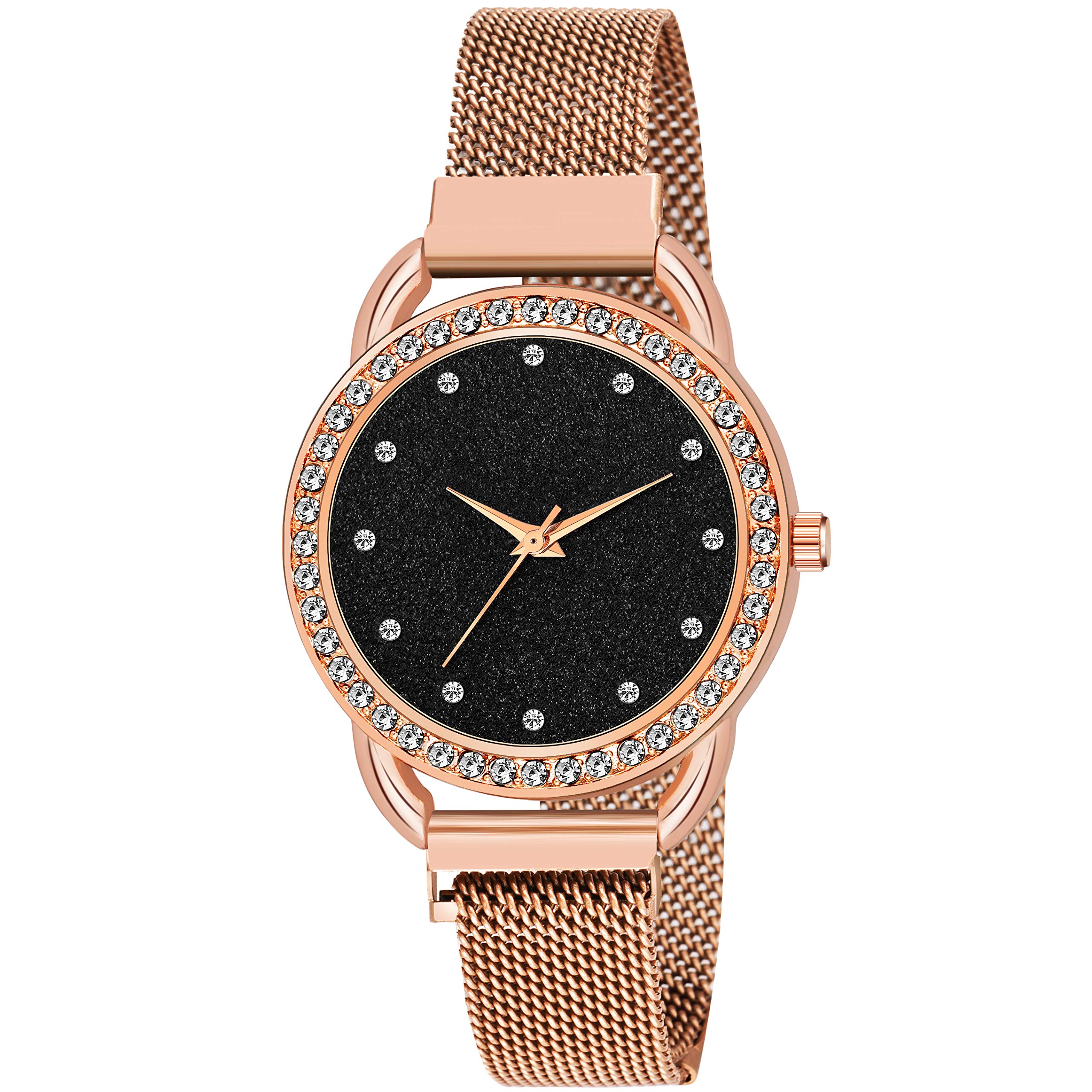 niyati NxRound 12 Daimouns Dial Magnatic Mesh Strap Analogue Magnet Wrist Watch for Women and Girls(Rose Gold Strap Black dial)