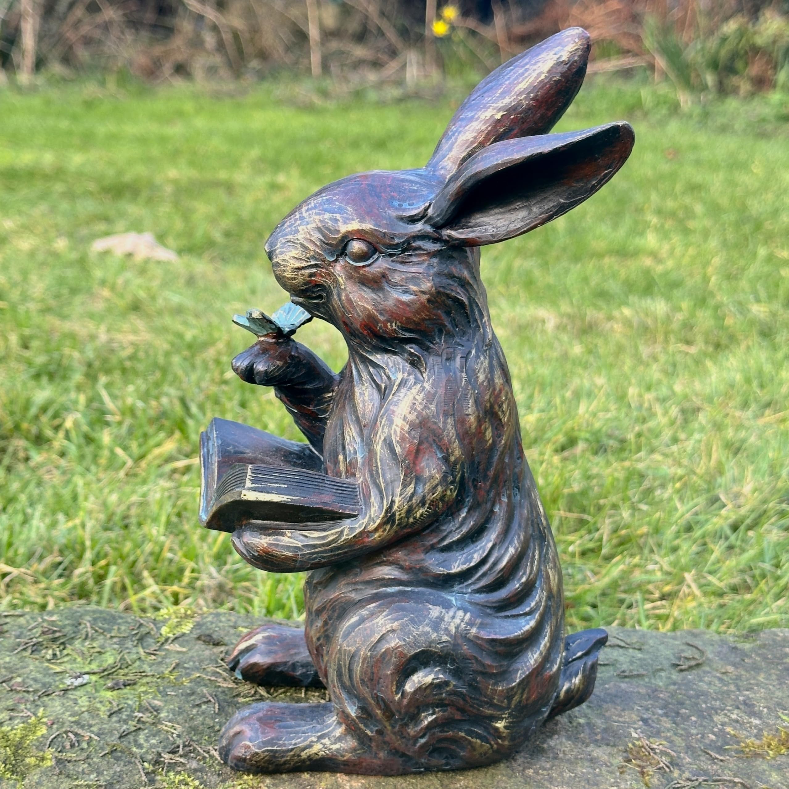 Animal Crackers Bronze effect Rabbit figurine quirky garden ornament decoration, rabbit lover gift (Rabbit Reading Book)