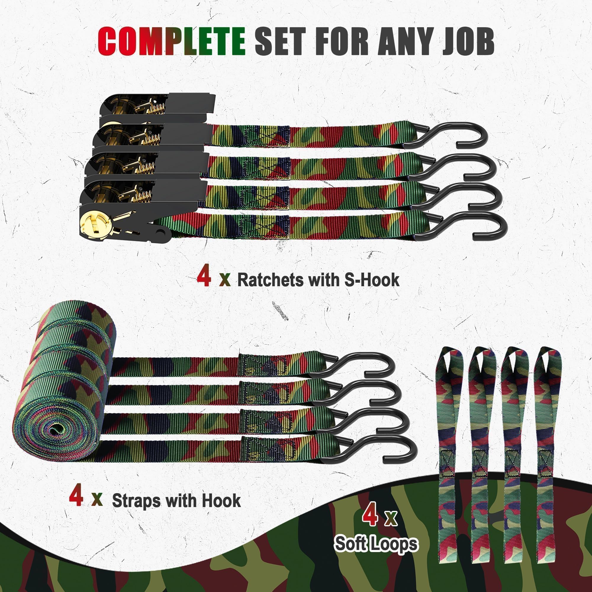 AWELCRAFT 4 cinghie di ancoraggio a cricchetto da 680 kg (camuffamento)
