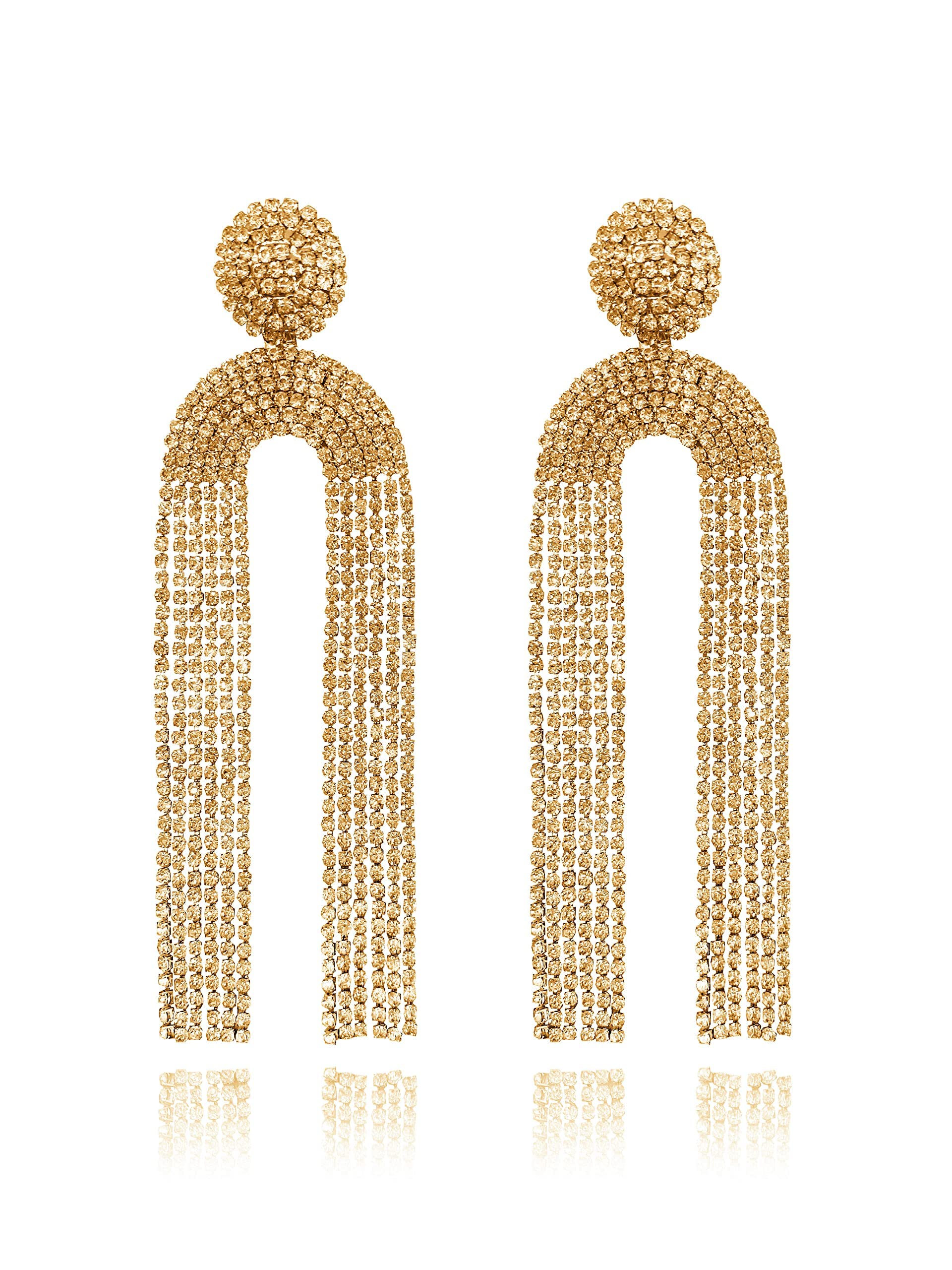Uncle J Gold/Silver Rhinestone Crystal Long Tassel Dangle Earrings-Fringe Chain Chandelier Drop Earrings for Women, Wedding, Gifts