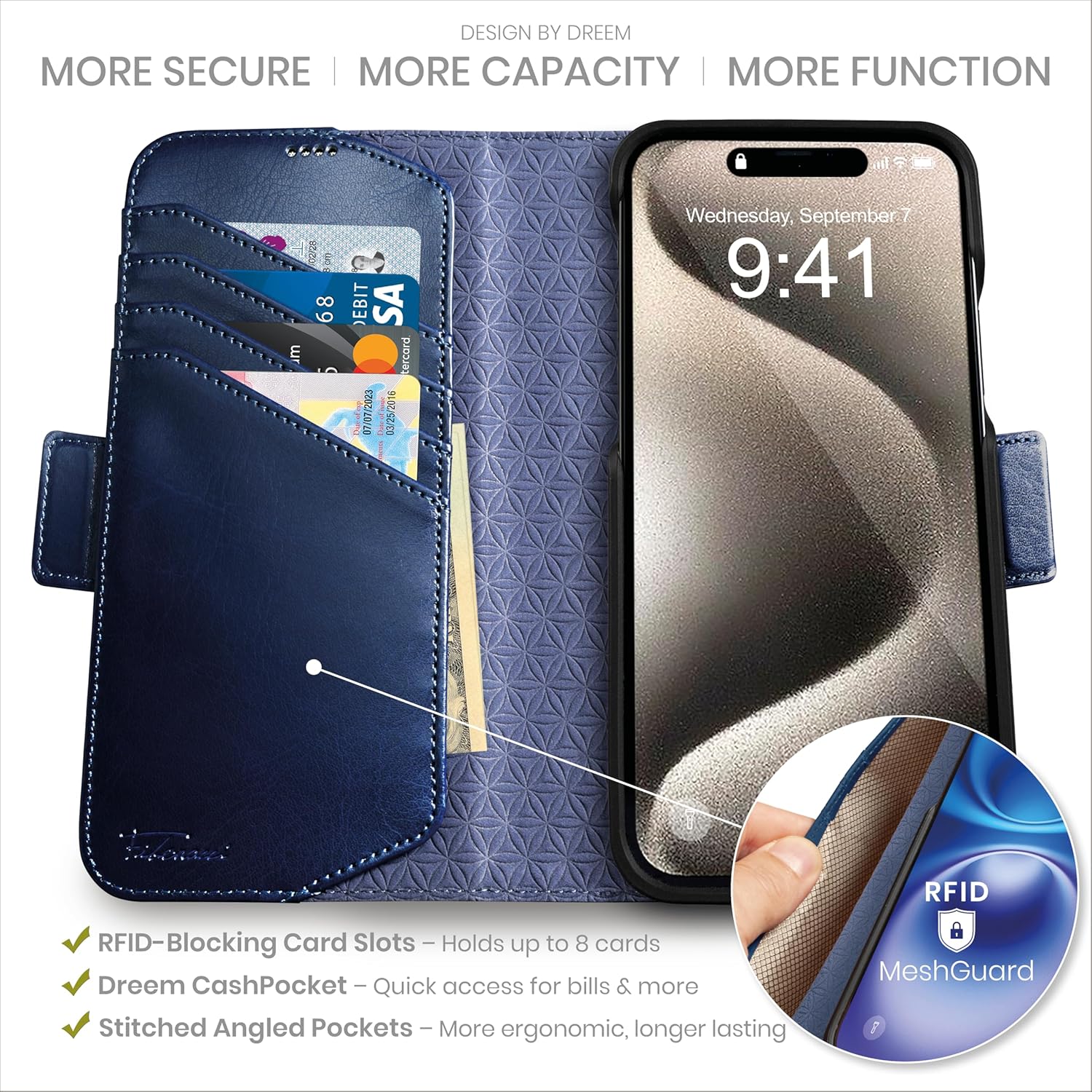 Dreem Wallet Case for iPhone 15 Pro Max, Revolutionary Vert/Hor Phone Stand, Magnetic Detachable Vegan Leather Flip Cover RFID Blocking Card Holder, MagSafe-Fit, Gift Box [Fibonacci: Royal]