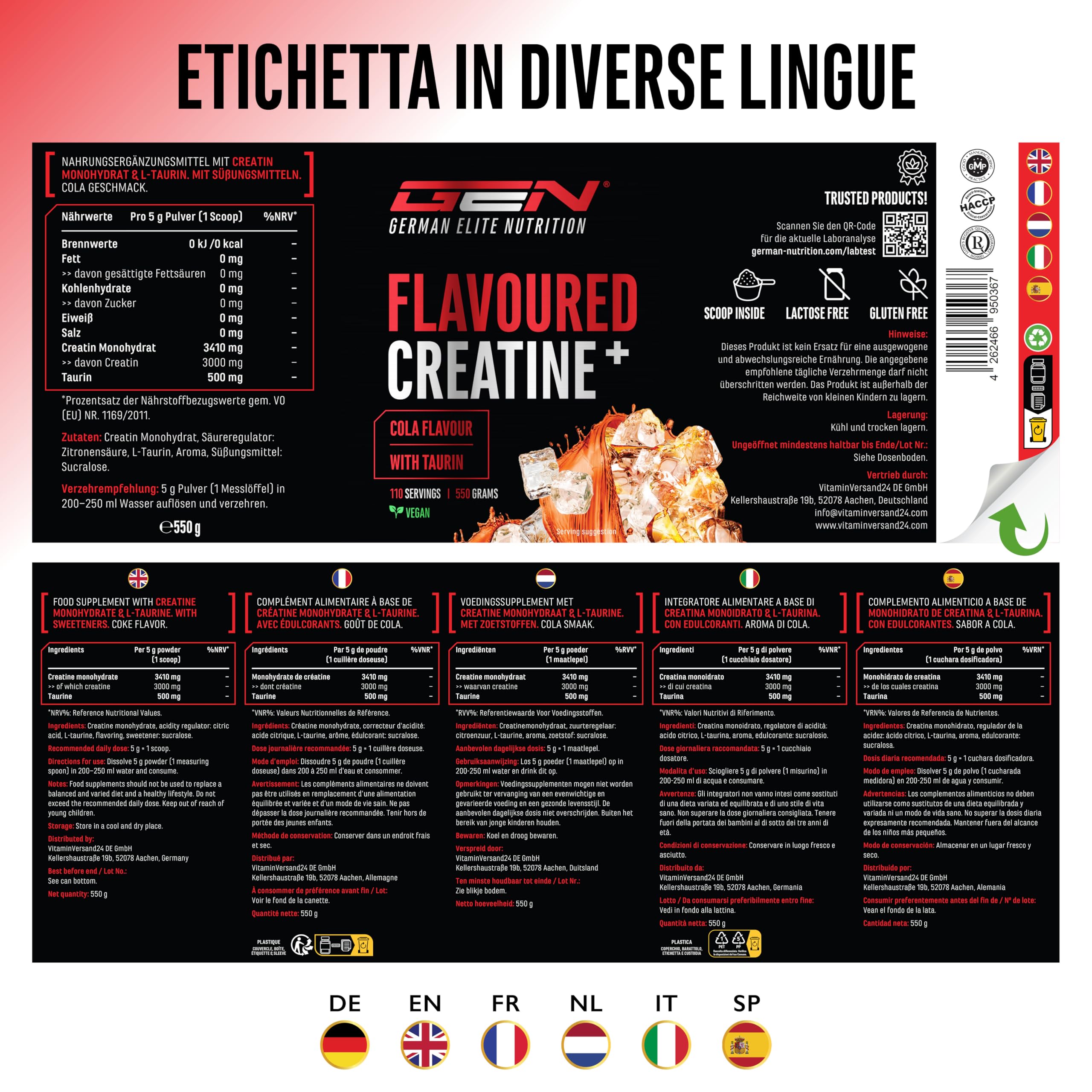 Flavoured Creatine polvere - 550 g - creatina monoidrato + L-taurina - creatina micronizzata aromatizzata - senza zuccheri & ottima solubilità - vegano (Cola)