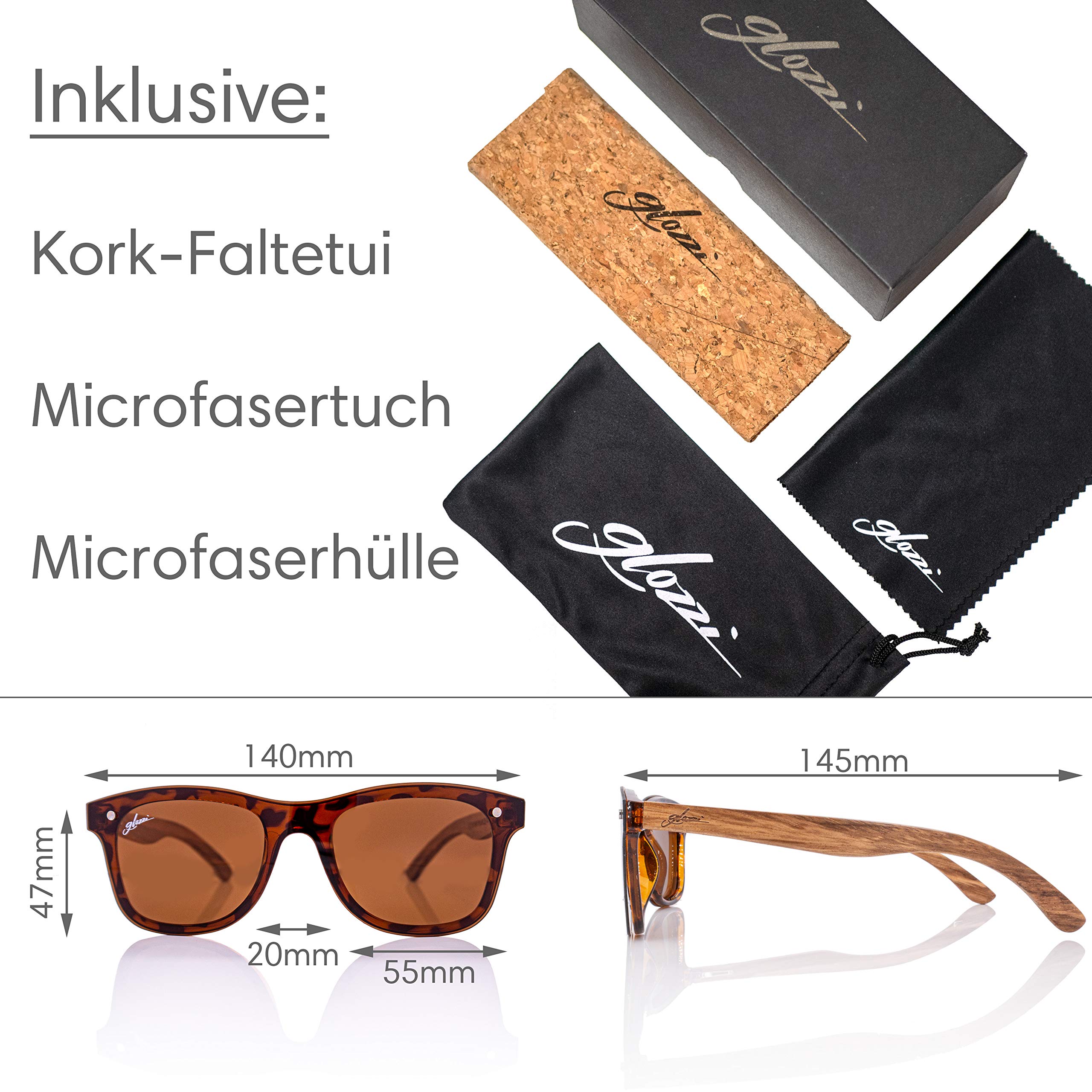 Sonnenbrille Herren und Damen Holz Polarisiert UV400 mit Holzbügeln und Brillenetui aus Kork