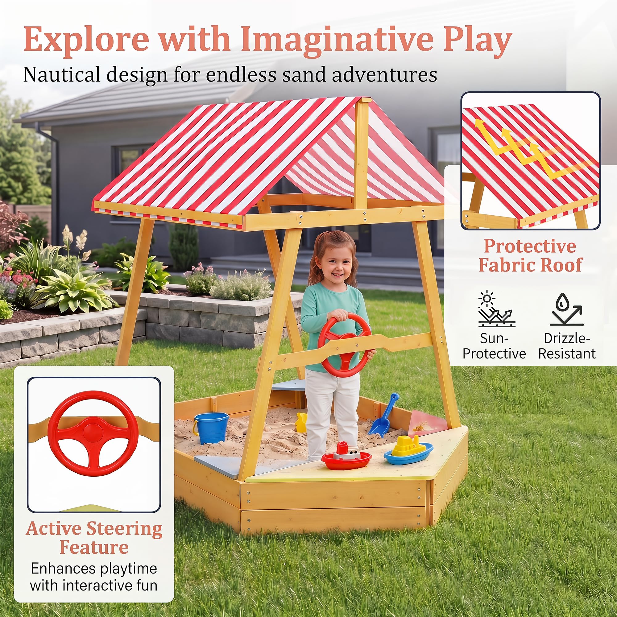 HOMASIS Bac à Sable en Bois pour Enfants, Jeu Extérieur en Forme Bateau avec Toit Oxford, Volant Pivotant, 4 Sièges d’Angle, Tapis de Sol, Fond Ouvert pour Drainage,103 x 135 x 140 cm, 18 Mois+