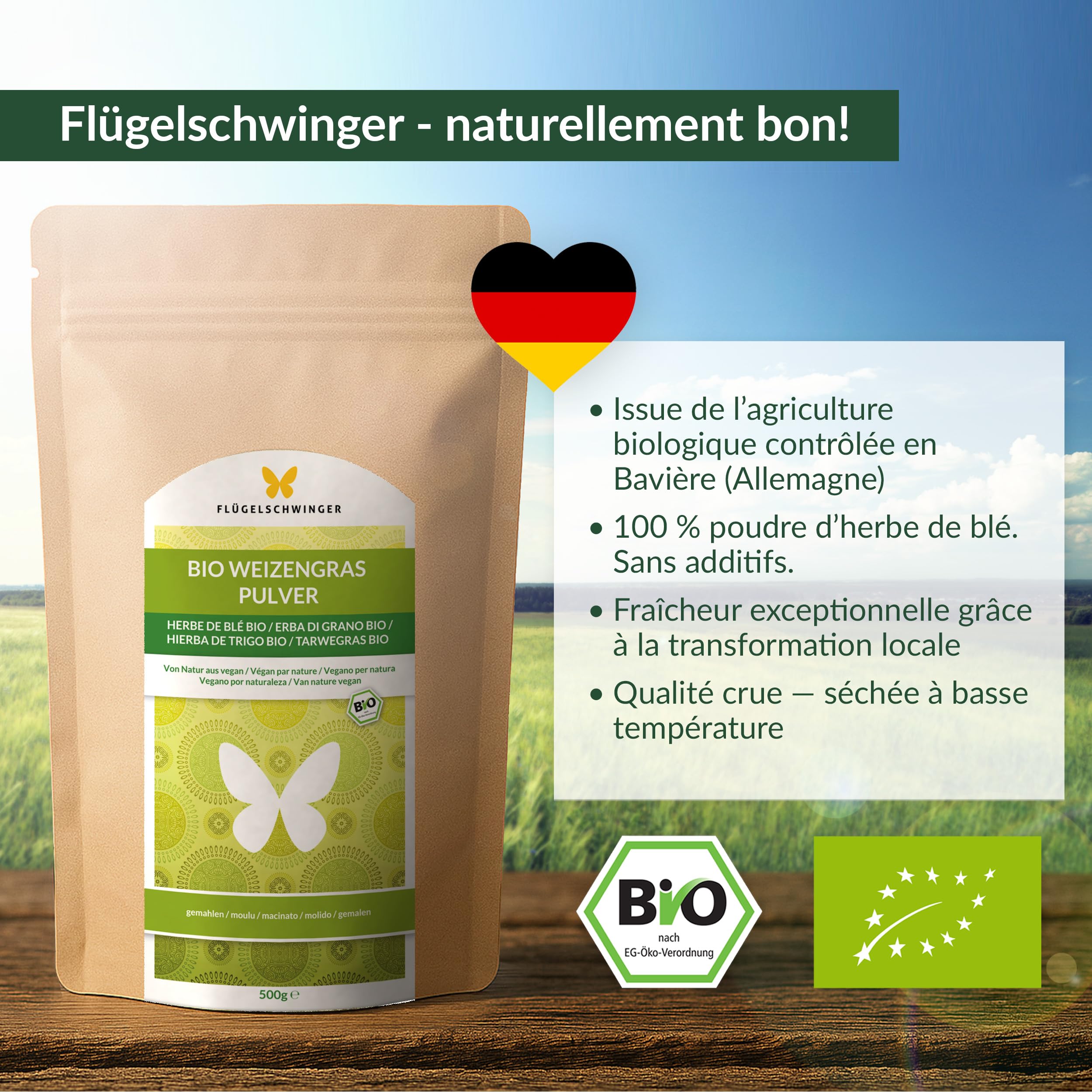 500g de poudre d'herbe de blé BIO d'ALLEMAGNE, qualité crue, issu de jeunes herbes, sans additifs, pour smoothies verts