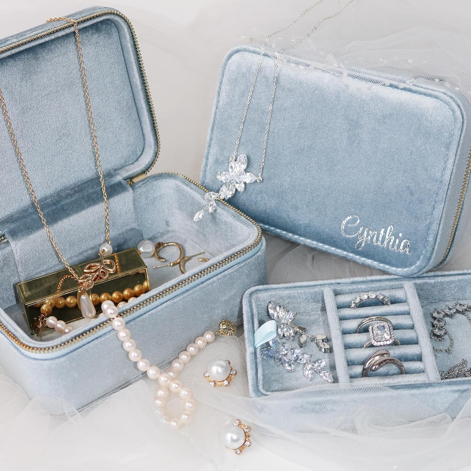 Customizable Two-Tier Velvet Jewelry Box With Mirror, Travel Case and Organizer for Women and Girls, Holder (Bottom Right, Powder Blue)