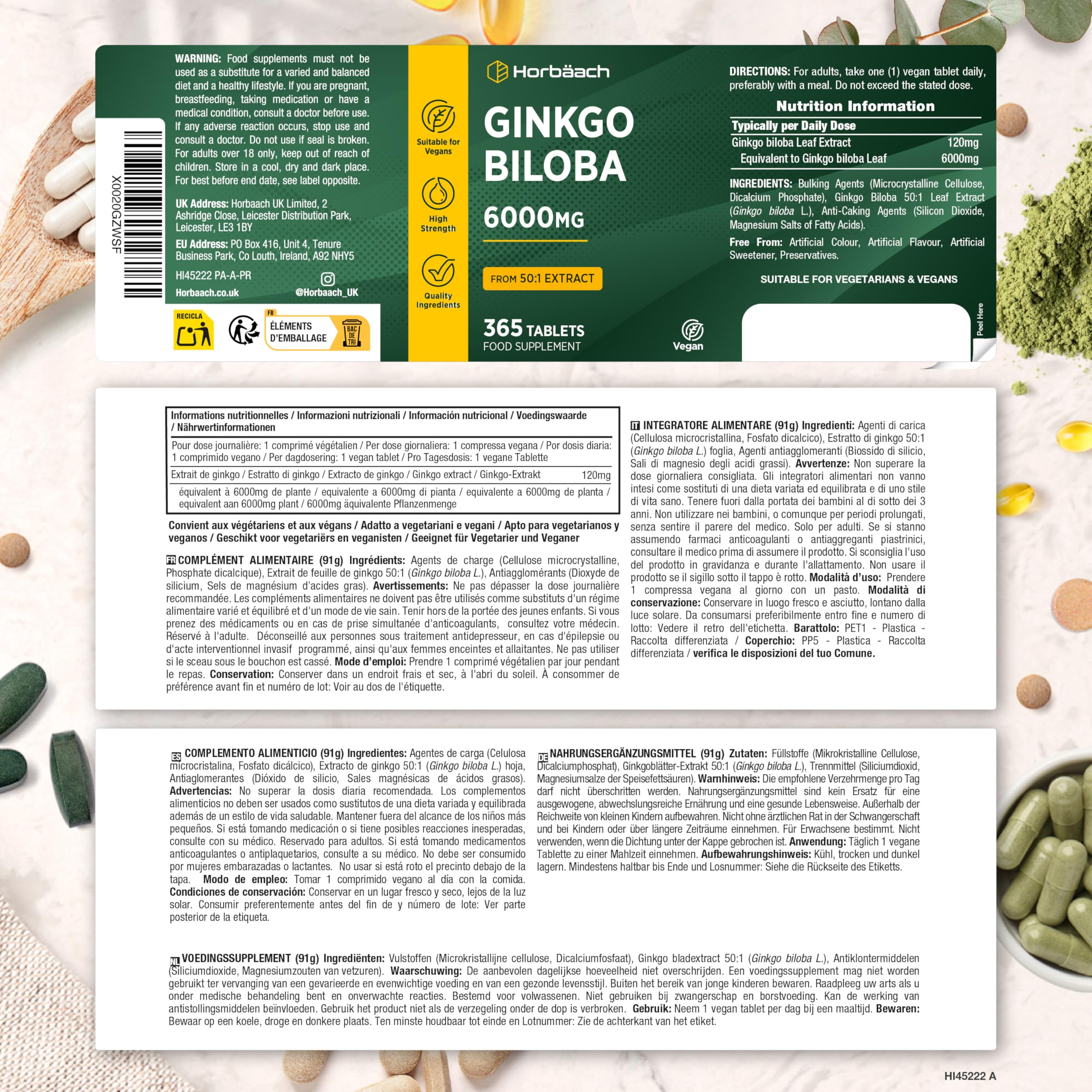 Ginkgo Biloba 6000mg | 365 Compresse Vegane (1 Anno) | Estratto 50:1 ad Alto Dosaggio | Ginkgo Biloba Forte (non capsule) | Facile da Deglutire | Horbaach
