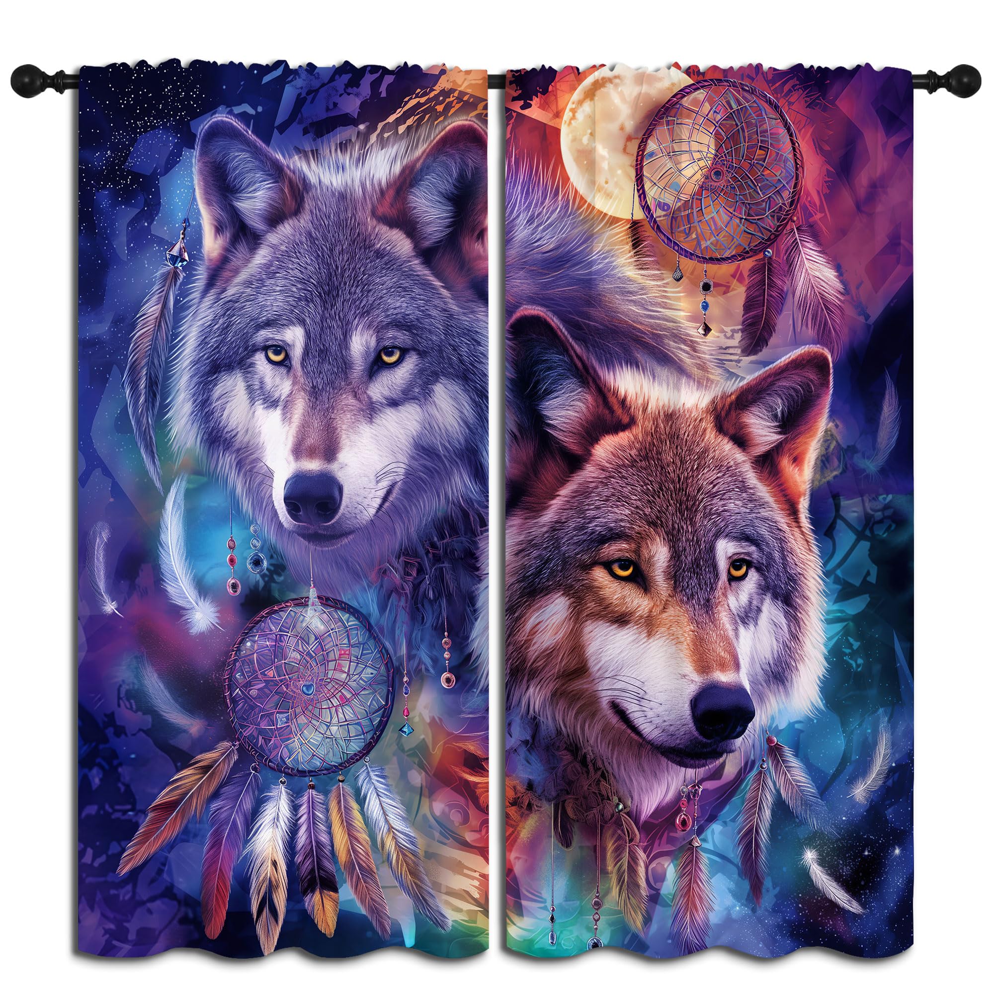LHROOMJK Wolf Blackout Curtains for Boys Girl Bedroom Decor,Cool Animal Aesthetic Galaxy Dream Catcher Thermal Insulated Rod Pocket Drapes Darkening
