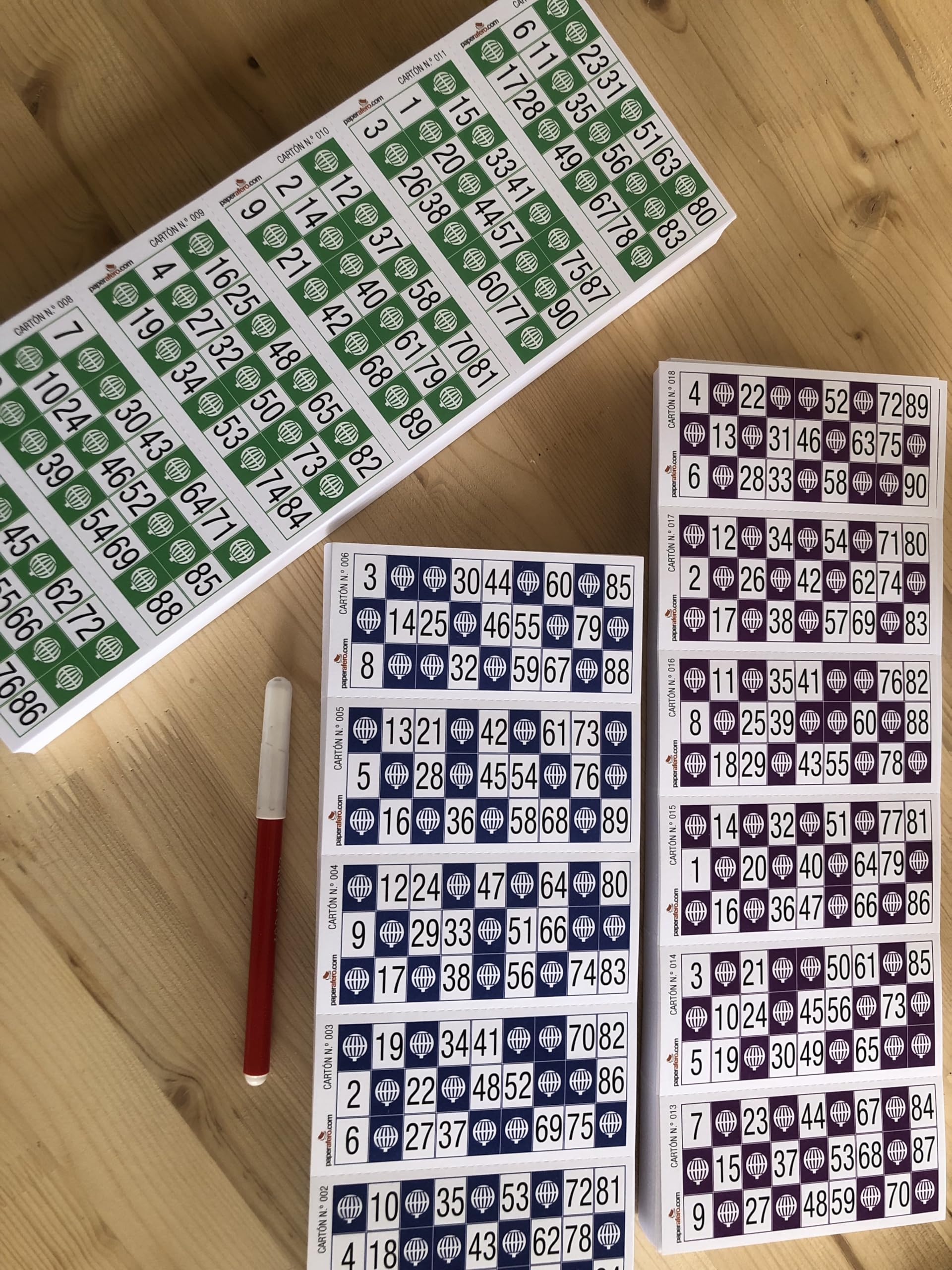 Paperafero | 1800 Cartones Bingo de 90 Bolas en Verde, Azul y Burdeos + 10 Rotuladores Rojos | Bingo Cartones : Asociaciones, Eventos, Fiestas, Residencias, Actividades, etc | Cartones de Bingo