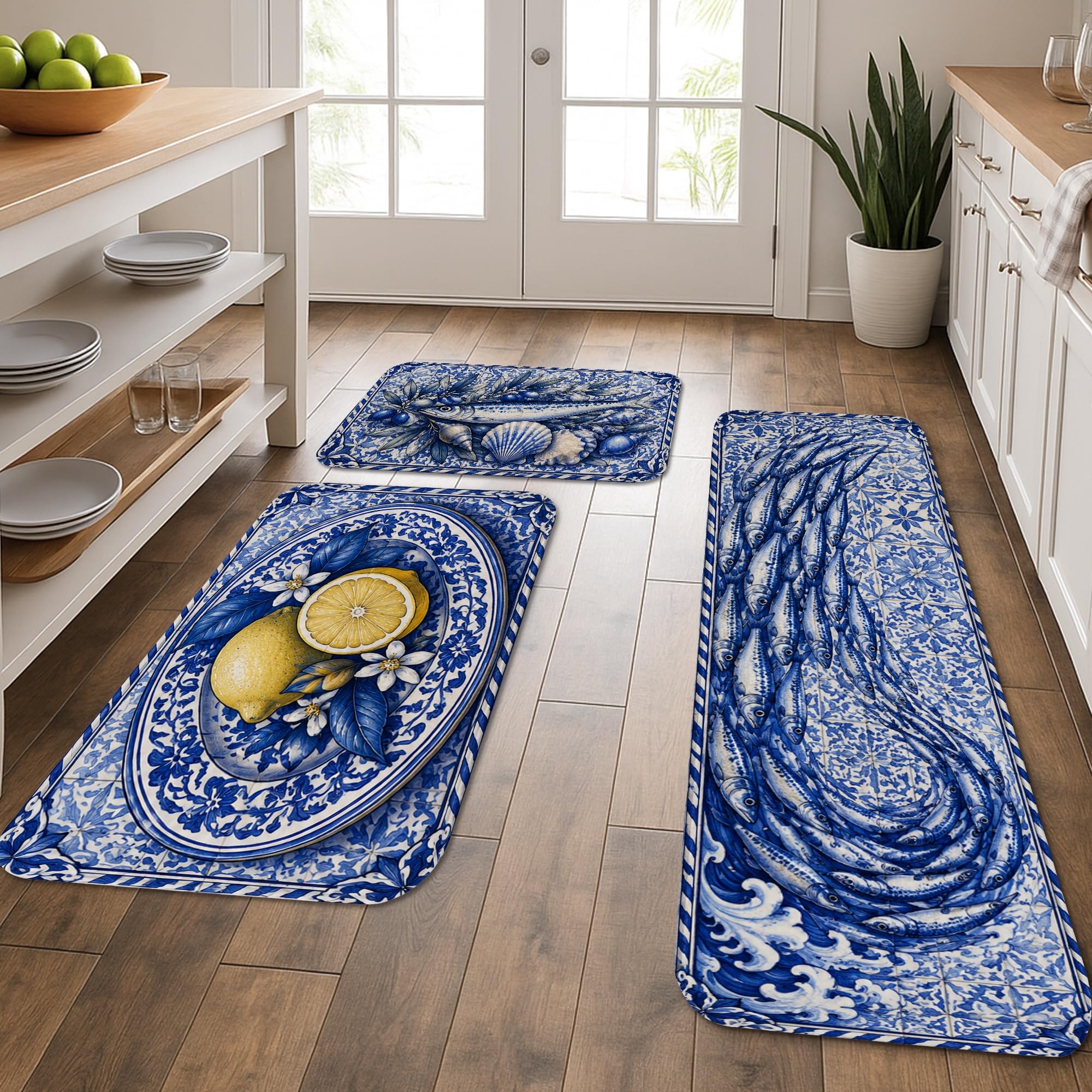 Tapis de cuisine lavable lot de 3 avec motif floral bleu et agrumes confortables pour sol