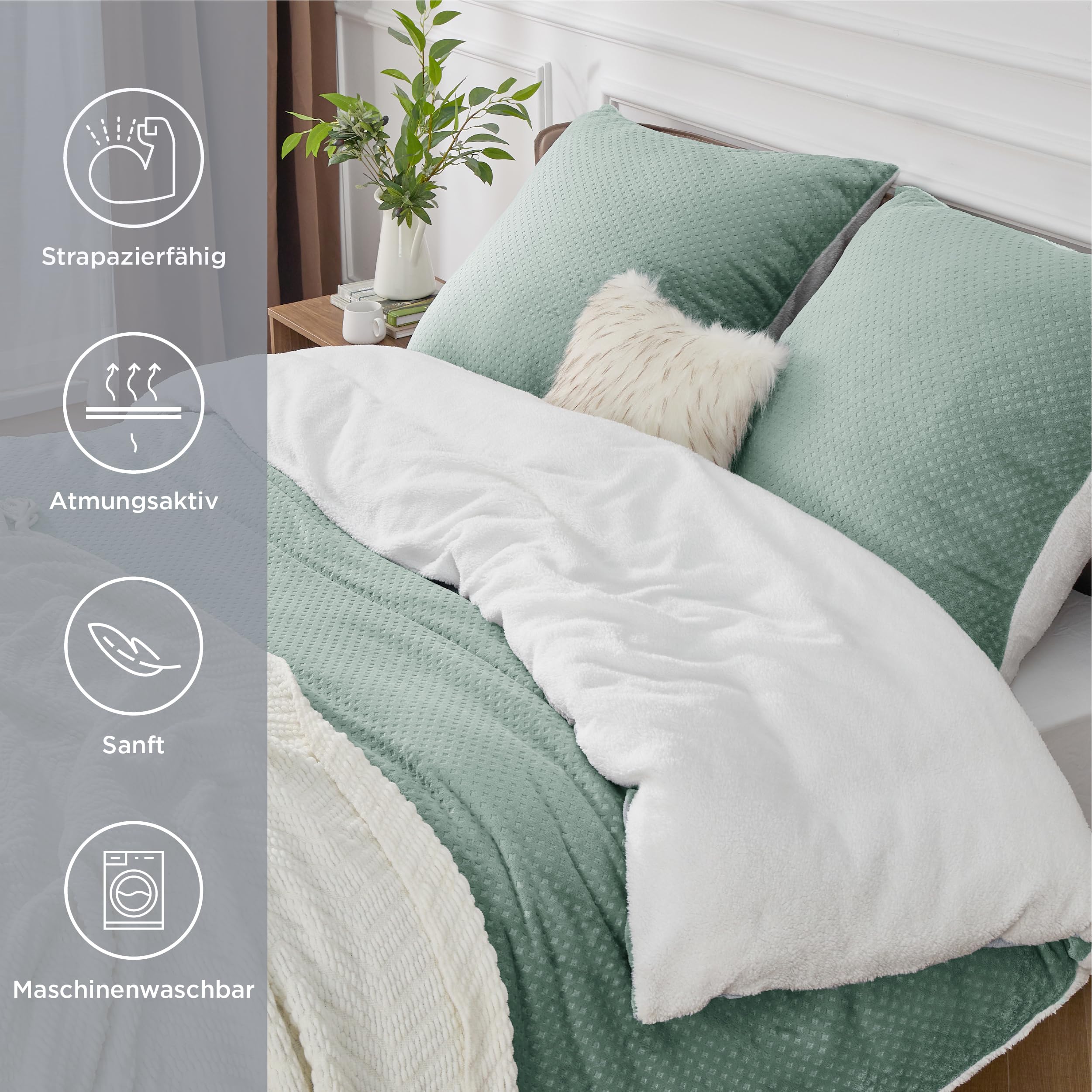 BEDSURE Puszysta pościel 155 x 220 cm, zielona - Zimowa poszwa na kołdrę z fleece z 2 poszewkami na poduszki 80 x 80 cm, Ciepłe zestawy pościeli z zamkiem błyskawicznym, Pique waflowe zimowa pościel