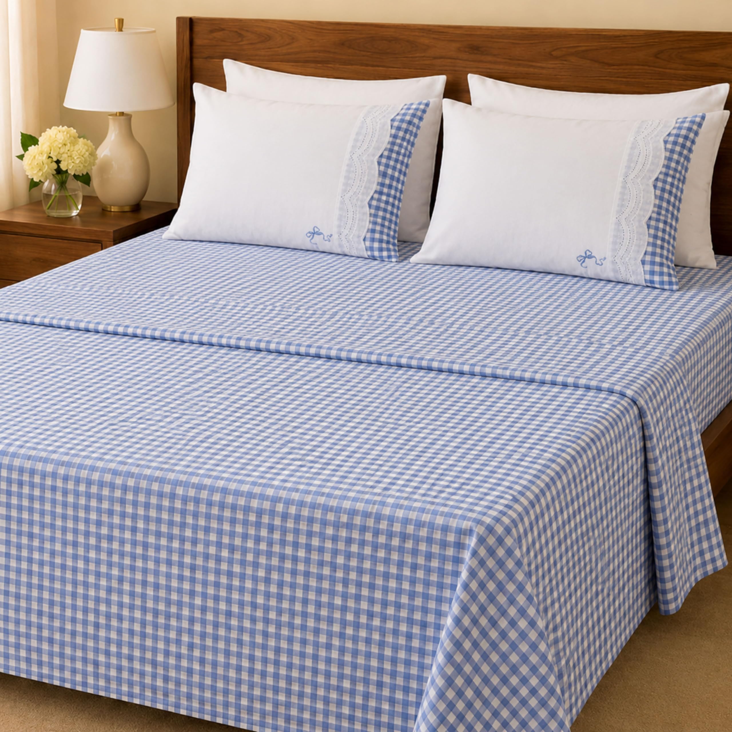Charming Gingham & Embroidered Lace Bed Sheet Set | King Size 106x108 Inch | 3-Piece Flat Sheet + 2 Pillow Covers | Cotton | Checkered Embroidered Luxury Bedding-image-47
